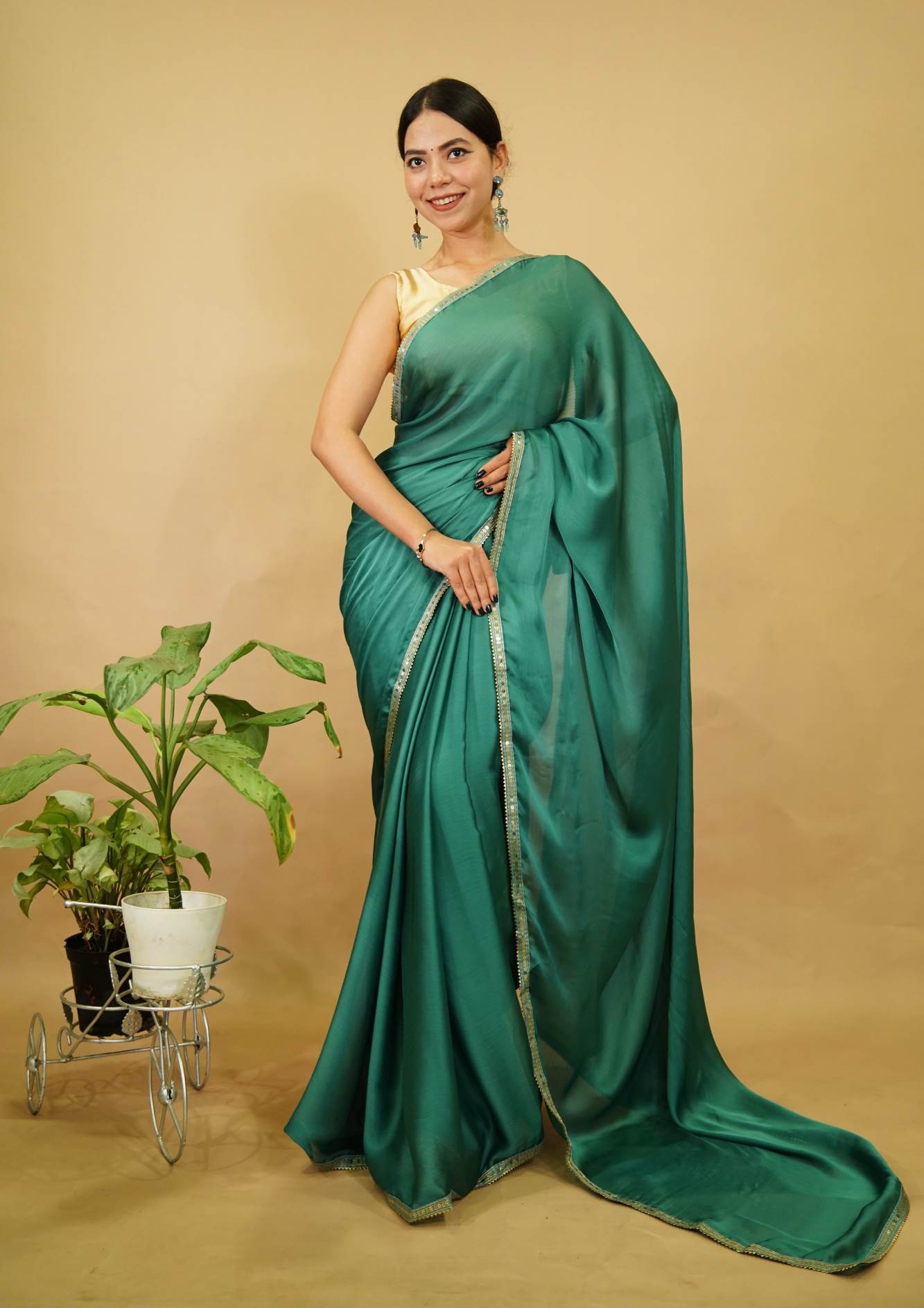 Sea Green Embellished Golden Border With Soft Chiffon Wrap In One Minute Saree