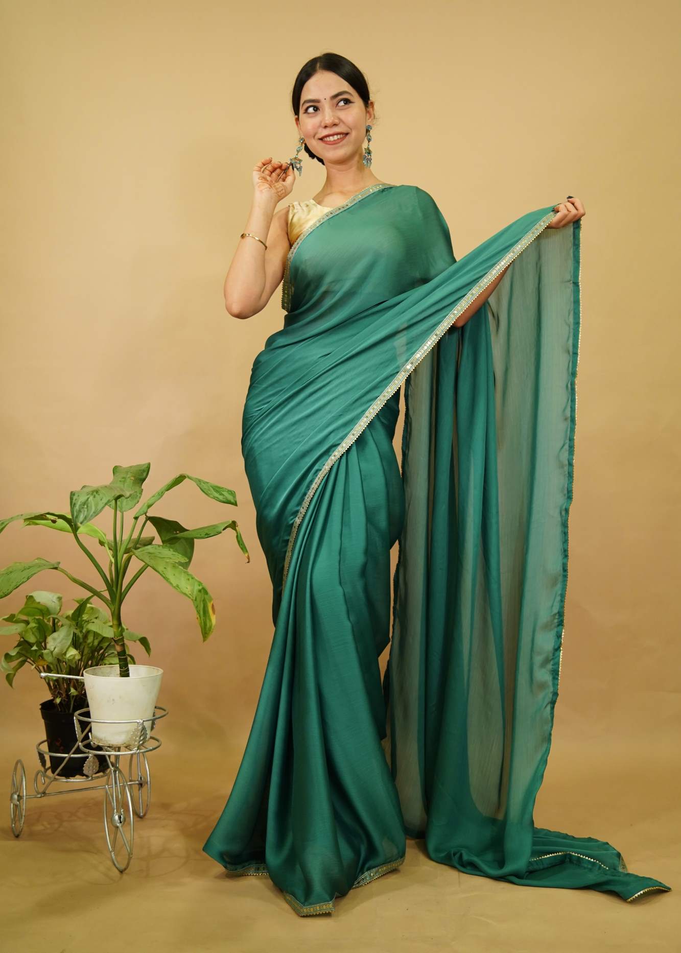 Sea Green Embellished Golden Border With Soft Chiffon Wrap In One Minute Saree