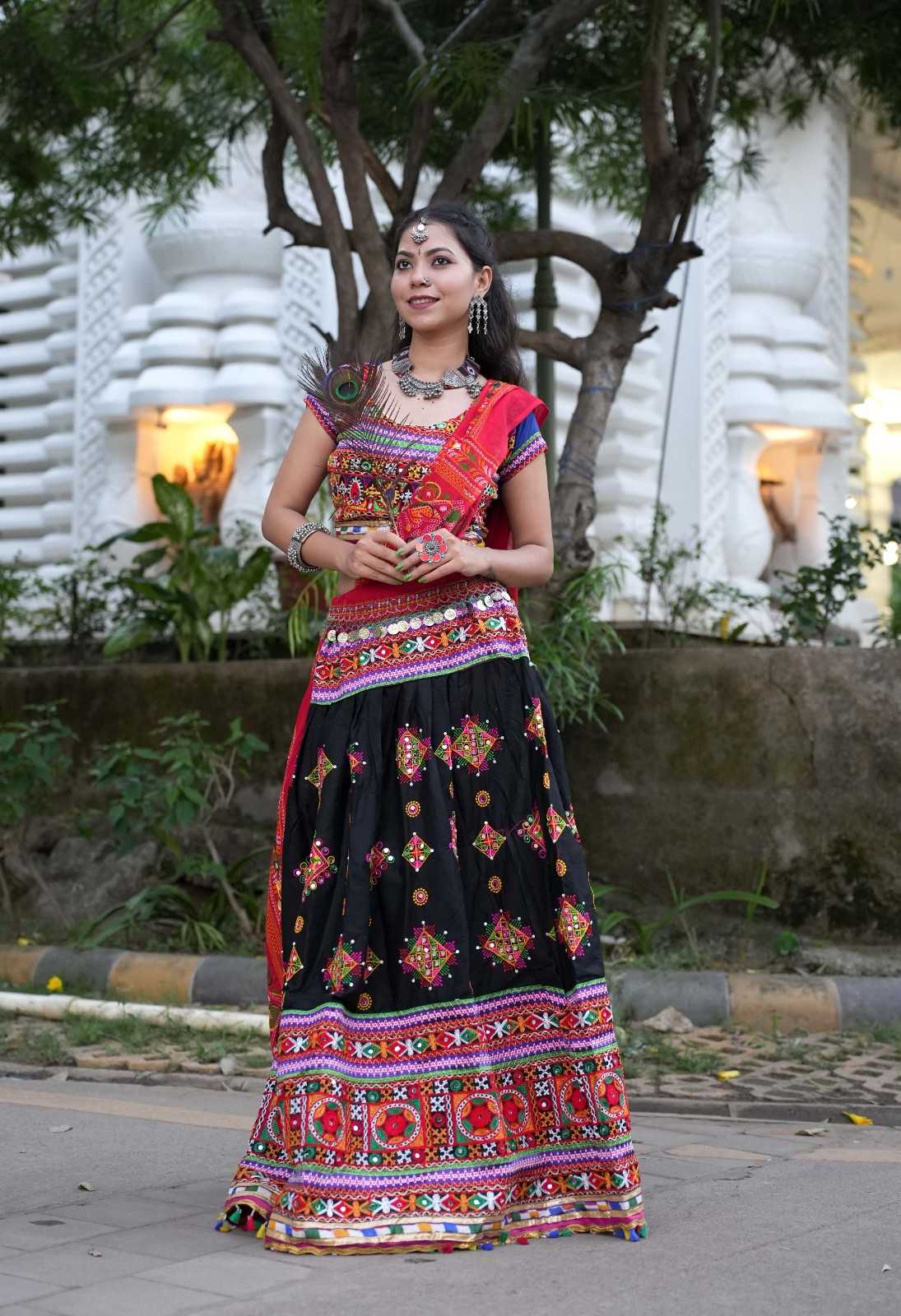 Garba style Black Navratri Lehnga & Choli With Multicolor Embroidery & Mirror embellished