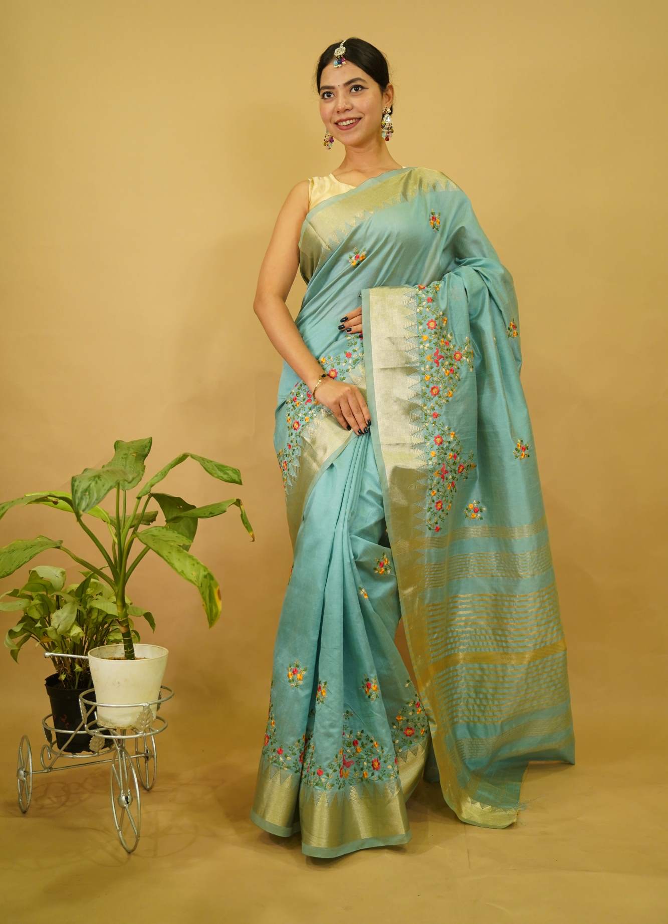Ready to Wear Sea Green Kerala Kasavu Embroidered Cotton Silk Wrap in 1 minute Saree
