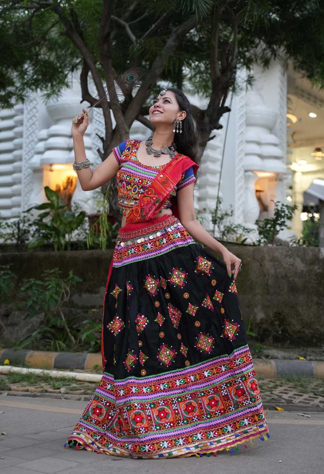 Garba style Black Navratri Lehnga & Choli With Multicolor Embroidery & Mirror embellished