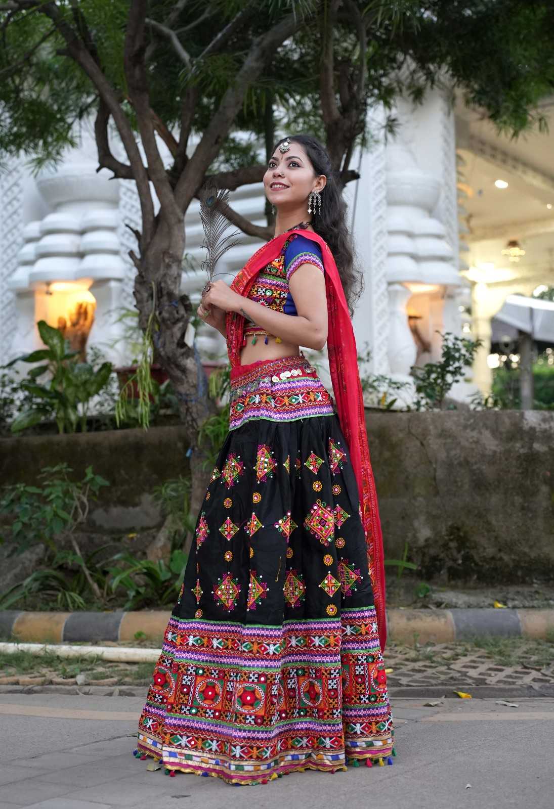 Garba style Black Navratri Lehnga & Choli With Multicolor Embroidery & Mirror embellished