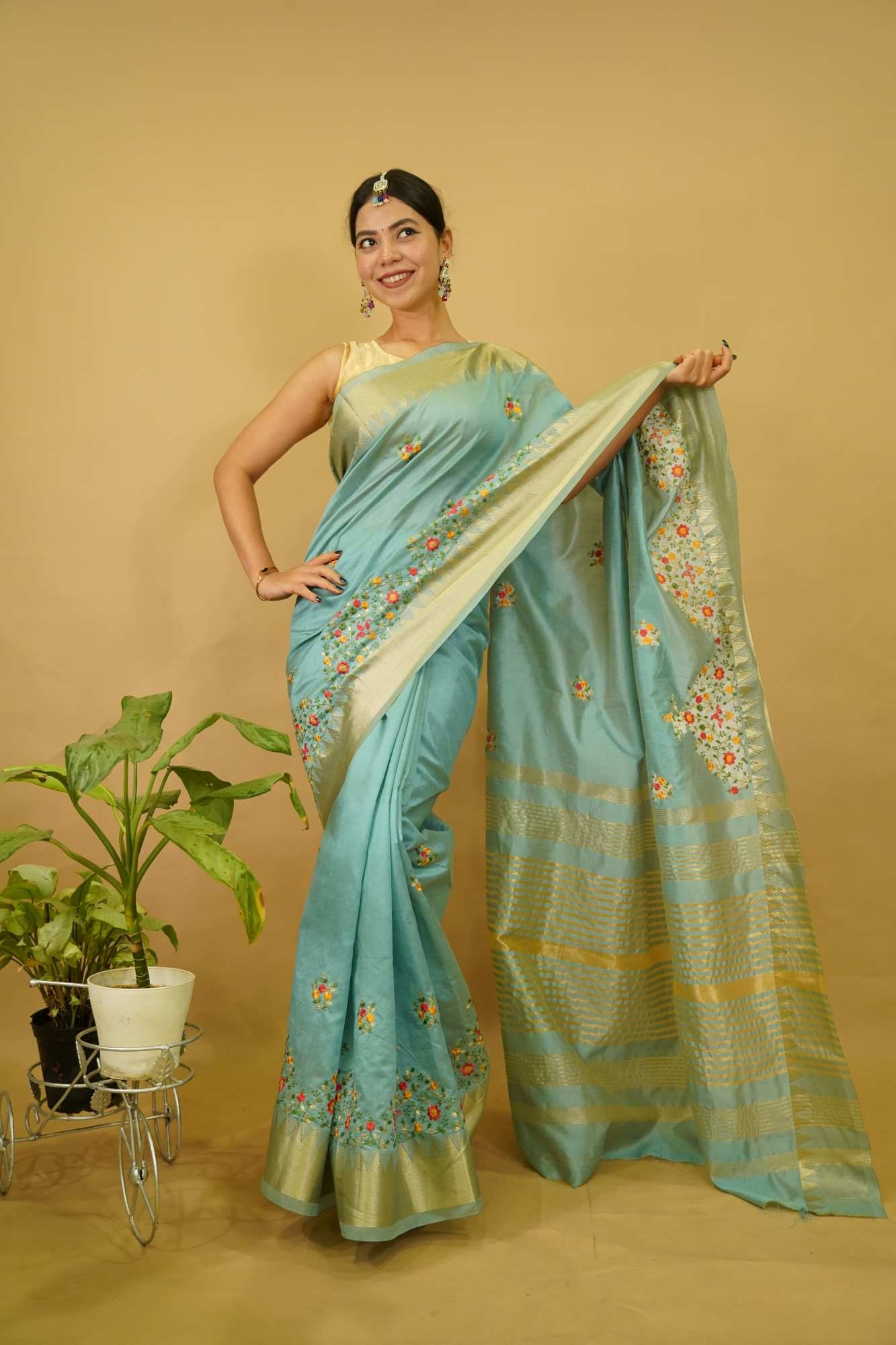 Ready to Wear Sea Green Kerala Kasavu Embroidered Cotton Silk Wrap in 1 minute Saree