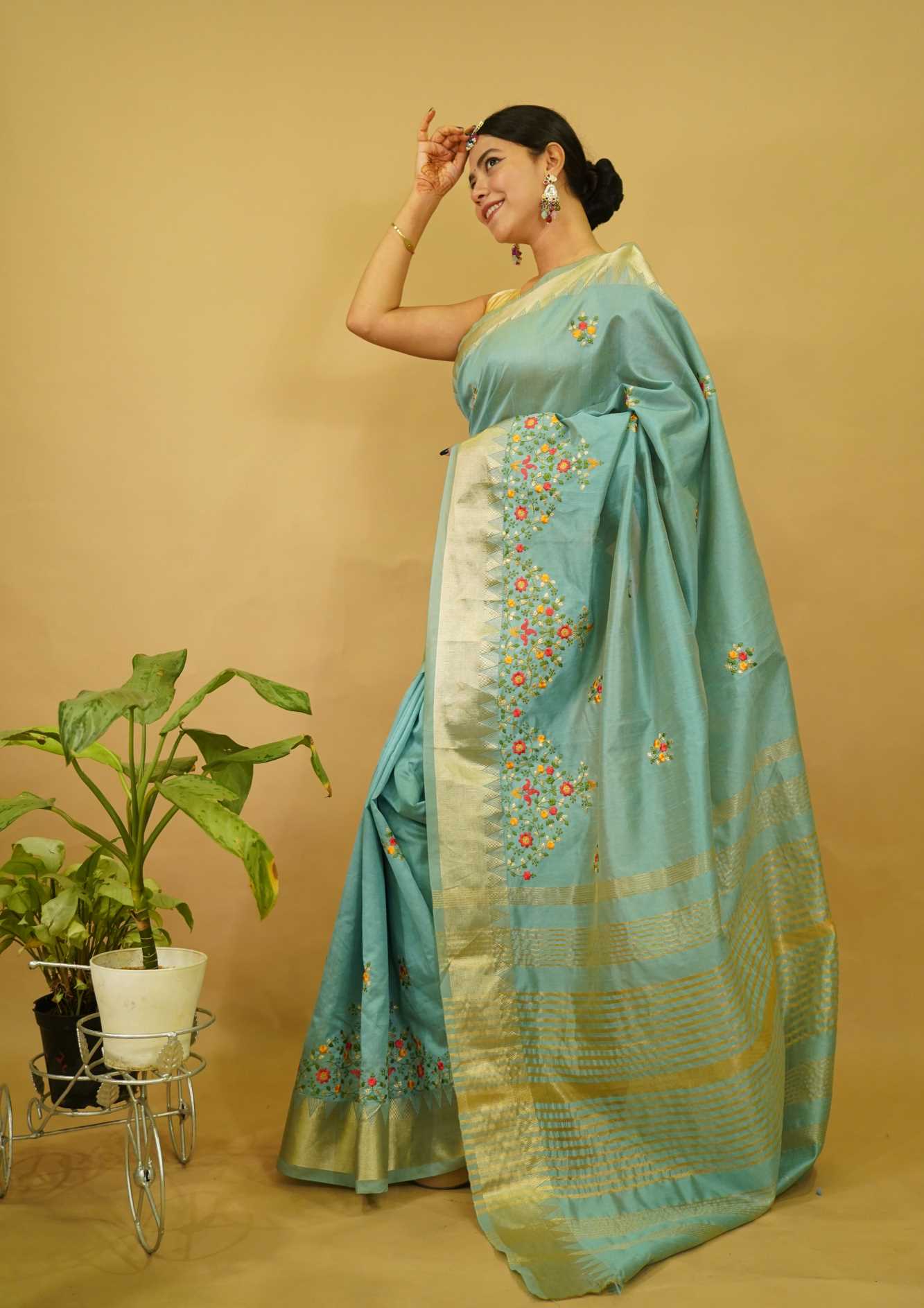 Ready to Wear Sea Green Kerala Kasavu Embroidered Cotton Silk Wrap in 1 minute Saree