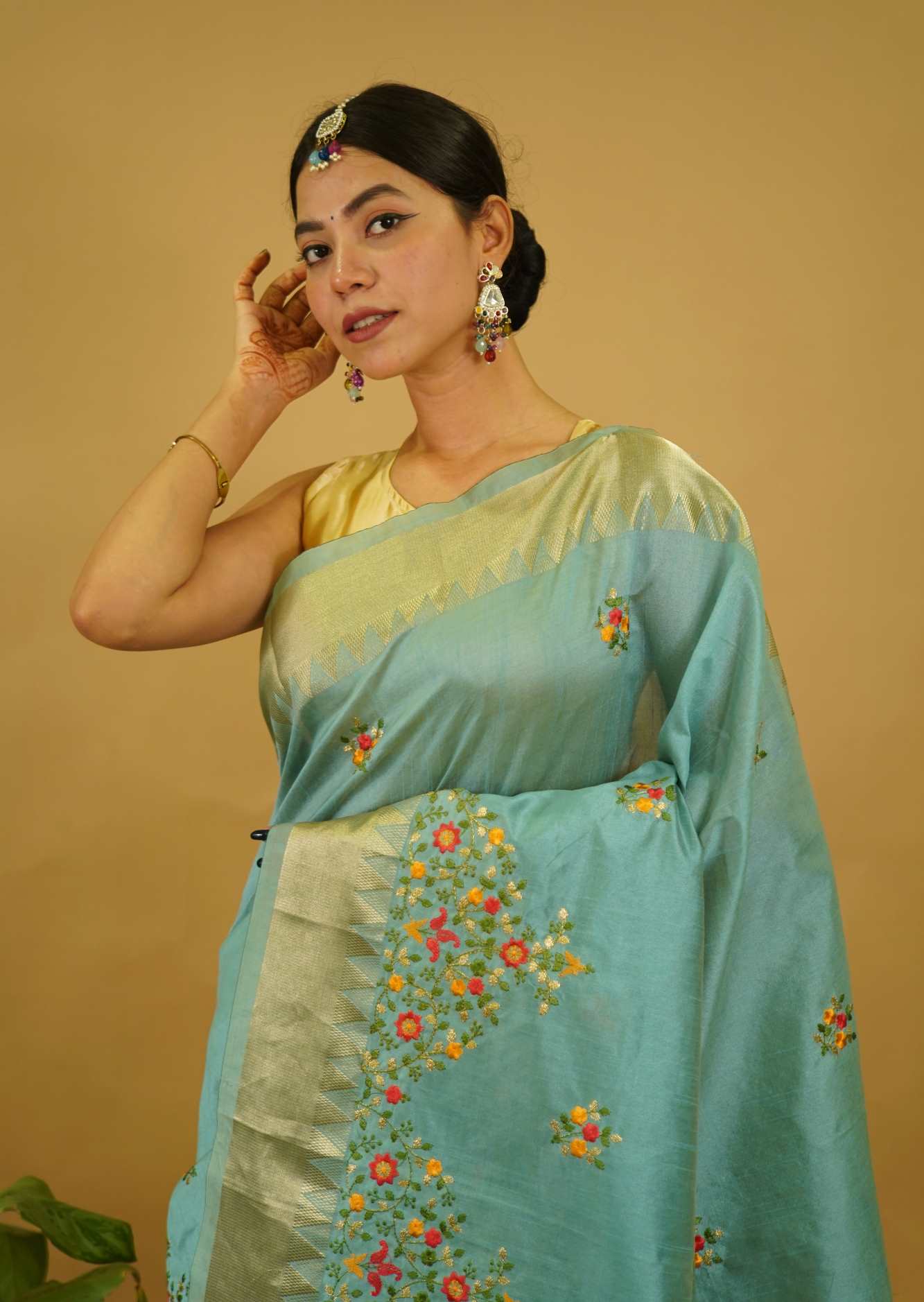 Ready to Wear Sea Green Kerala Kasavu Embroidered Cotton Silk Wrap in 1 minute Saree