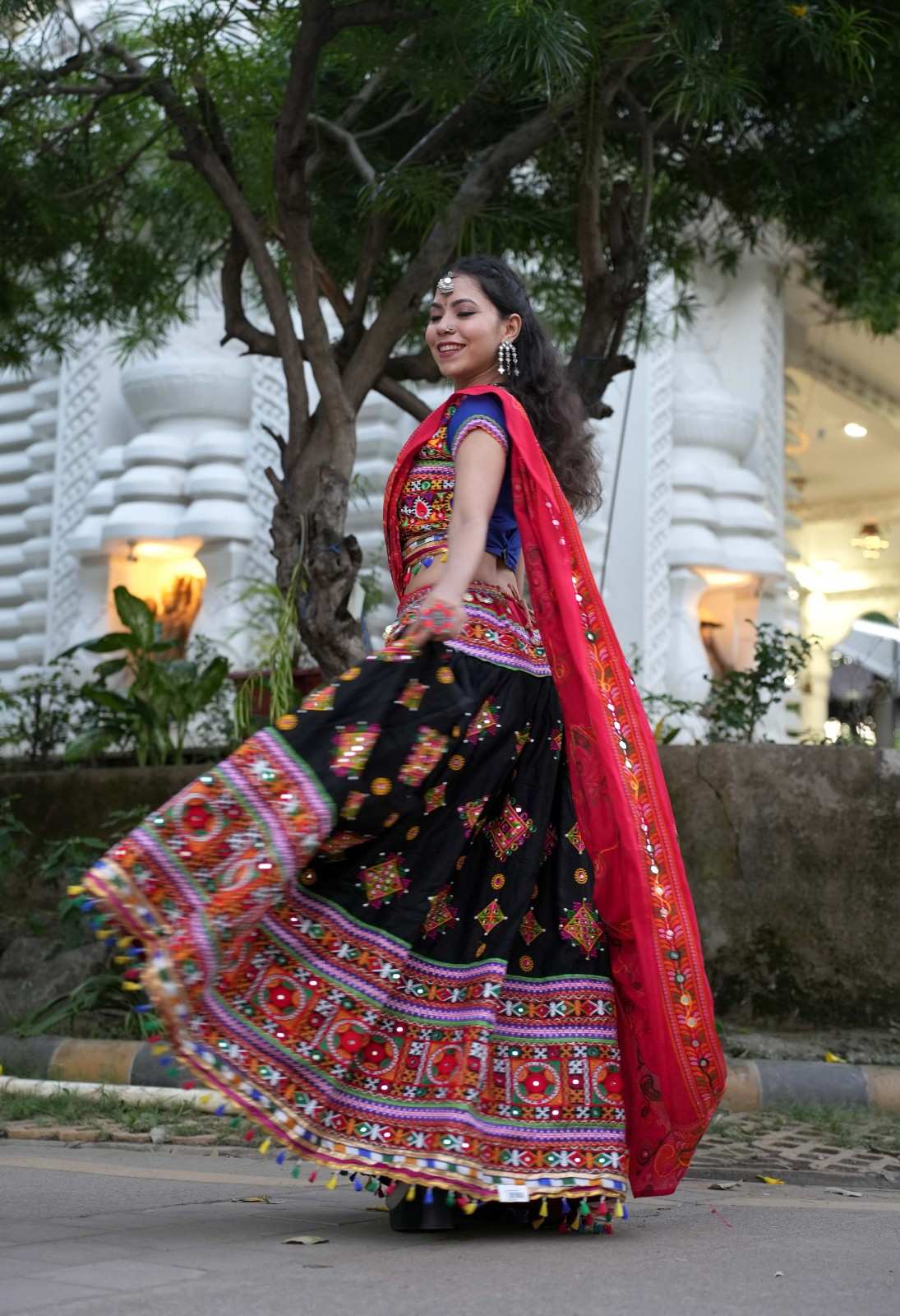 Garba style Black Navratri Lehnga & Choli With Multicolor Embroidery & Mirror embellished