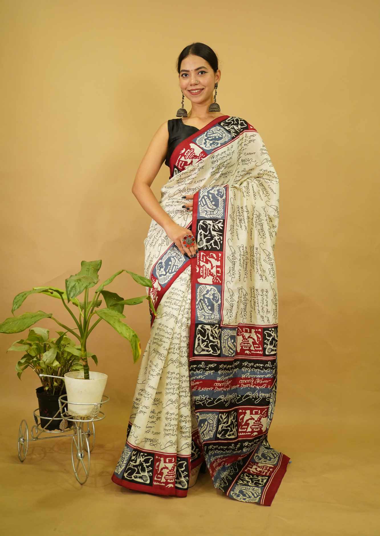 Ethnic Motif Printed Offwhite & Red Printed Bordered Ready To Wear Saree