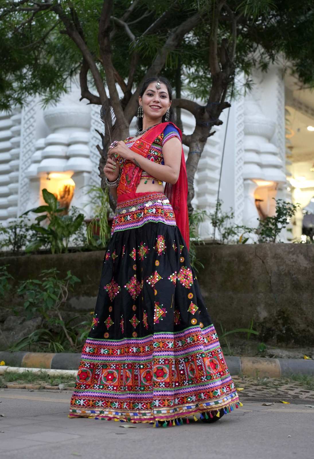 Garba style Black Navratri Lehnga & Choli With Multicolor Embroidery & Mirror embellished