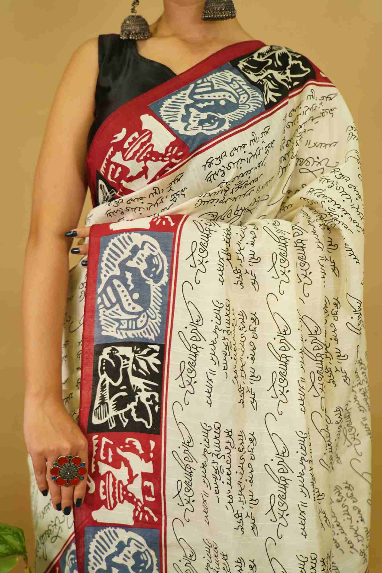 Ethnic Motif Printed Offwhite & Red Printed Bordered Ready To Wear Saree