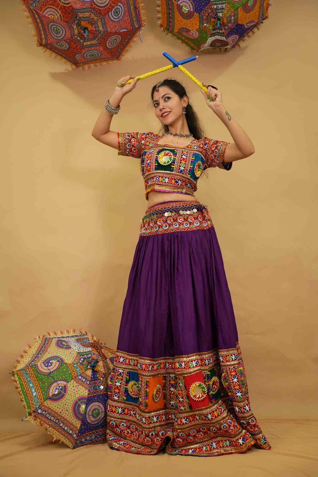 Garba Style Navratri purple Lehnga & Choli With Multicolor embroidery Mirror Embellished