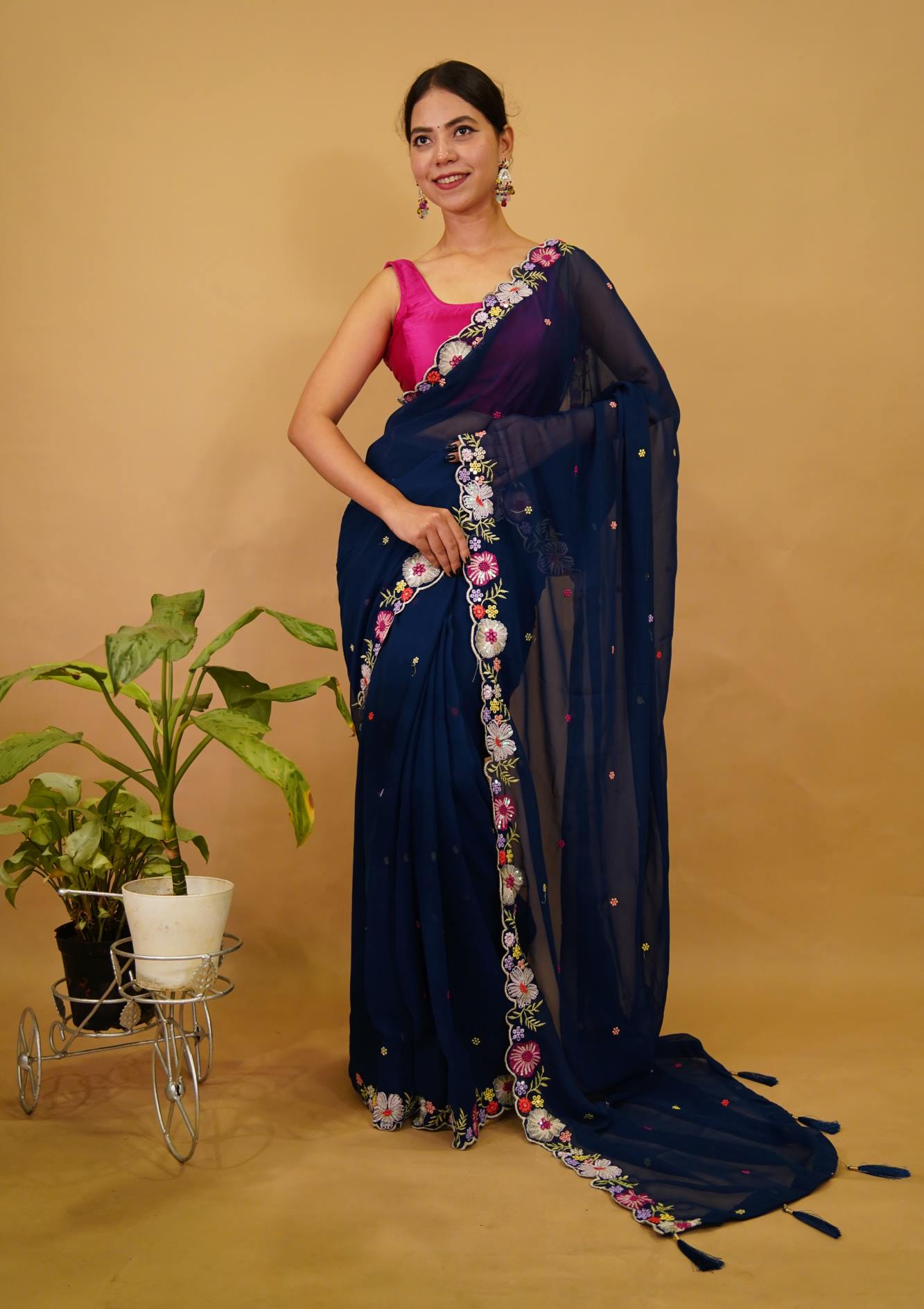 Beautiful Floral Embroidered Border And Overall Blue Saree With Sequin Ready To Wear Saree