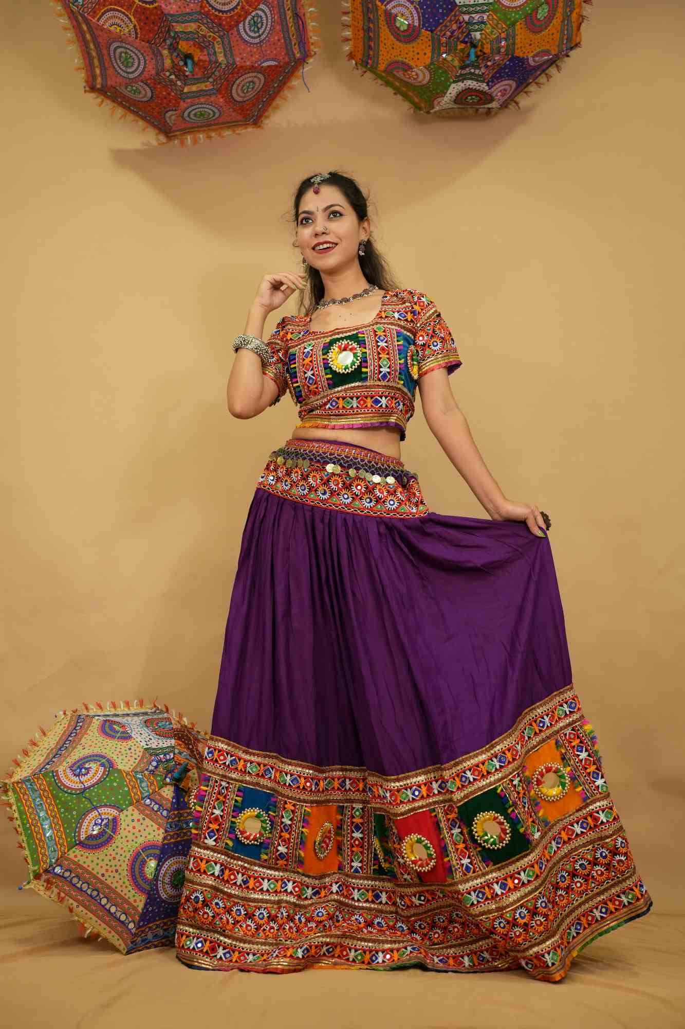 Garba Style Navratri purple Lehnga & Choli With Multicolor embroidery Mirror Embellished