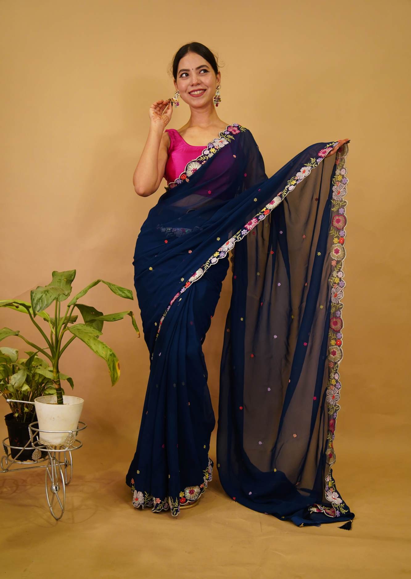Beautiful Floral Embroidered Border And Overall Blue Saree With Sequin Ready To Wear Saree