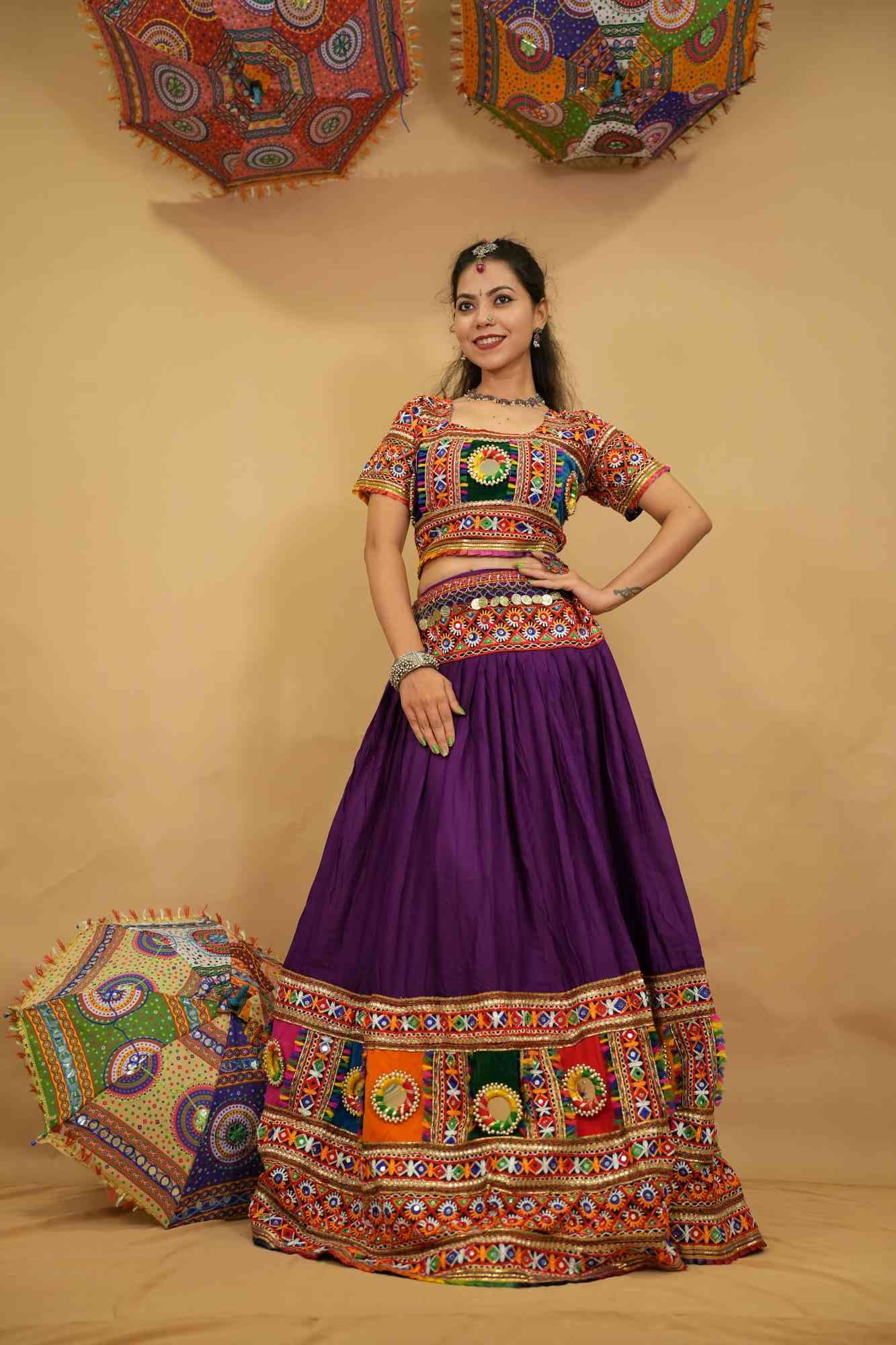 Garba Style Navratri purple Lehnga & Choli With Multicolor embroidery Mirror Embellished