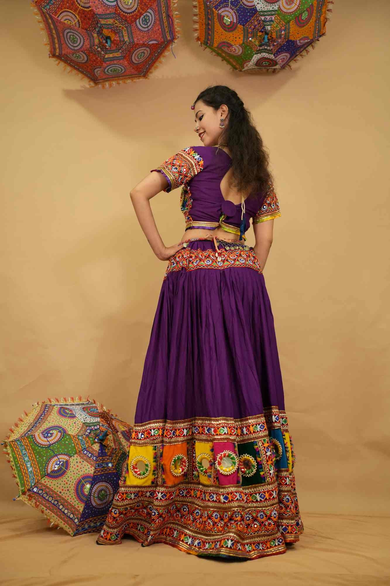 Garba Style Navratri purple Lehnga & Choli With Multicolor embroidery Mirror Embellished