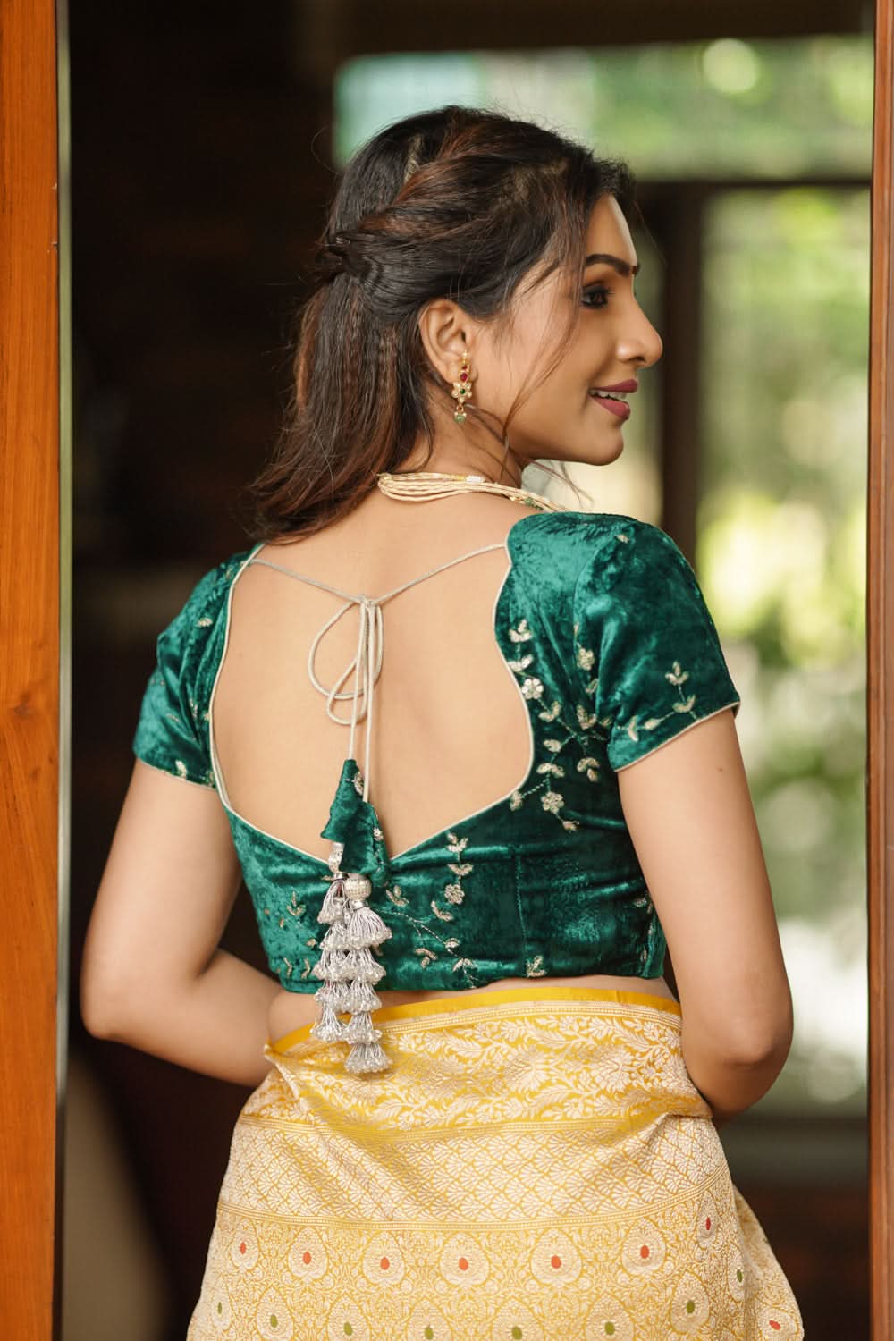 Rama green velvet with Antique Gold sequins Arch Neck blouse, Made to Order | SHOBITAM