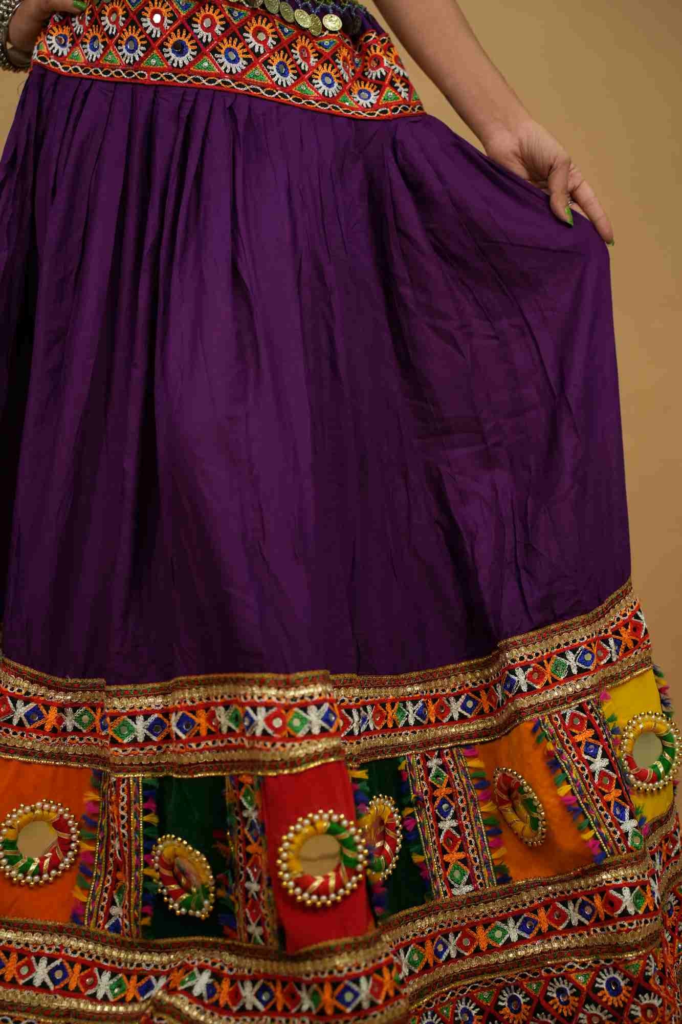 Garba Style Navratri purple Lehnga & Choli With Multicolor embroidery Mirror Embellished