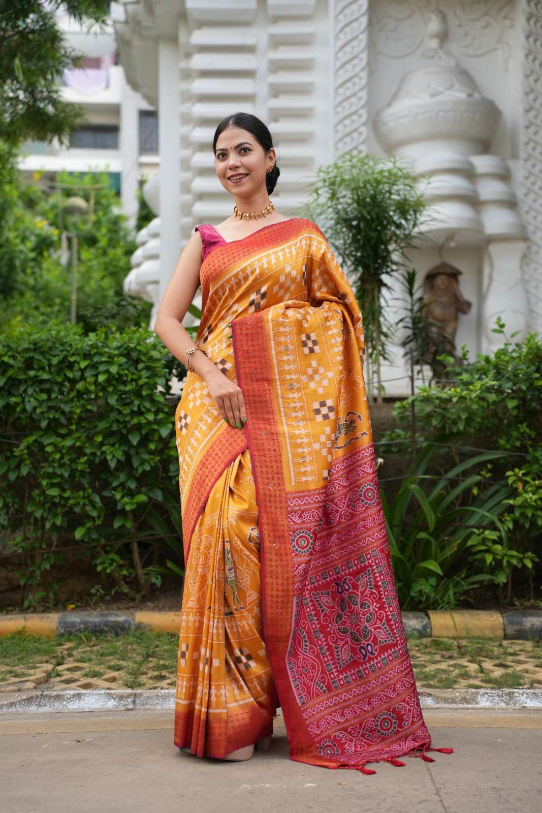 Mustard With Red Border Overall Sequins With Bastar Art & ikkat Pre Drape Saree