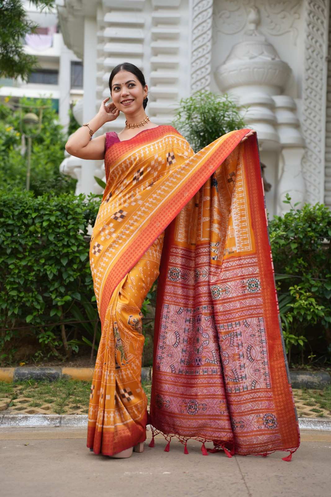 Mustard With Red Border Overall Sequins With Bastar Art & ikkat Pre Drape Saree