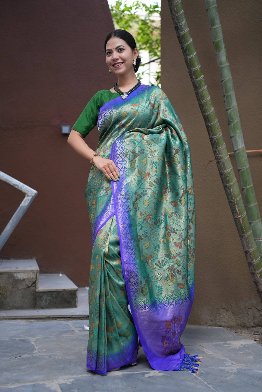 Dhoop Chaav Kanjivaram With Contrast Zari Border & Overall  Kalamkari Art weave Wrap in 1 minute saree