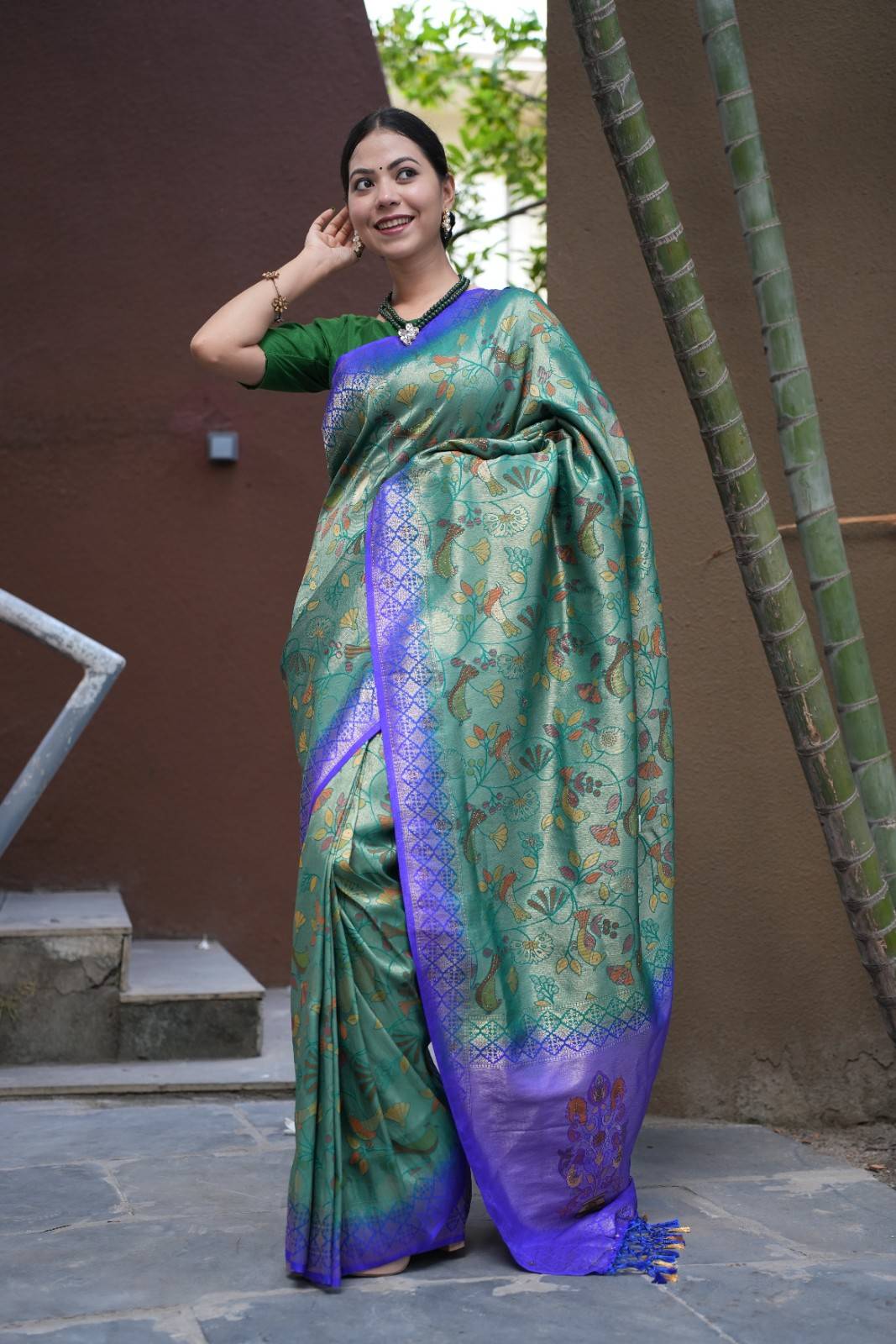 Dhoop Chaav Kanjivaram With Contrast Zari Border & Overall  Kalamkari Art weave Wrap in 1 minute saree