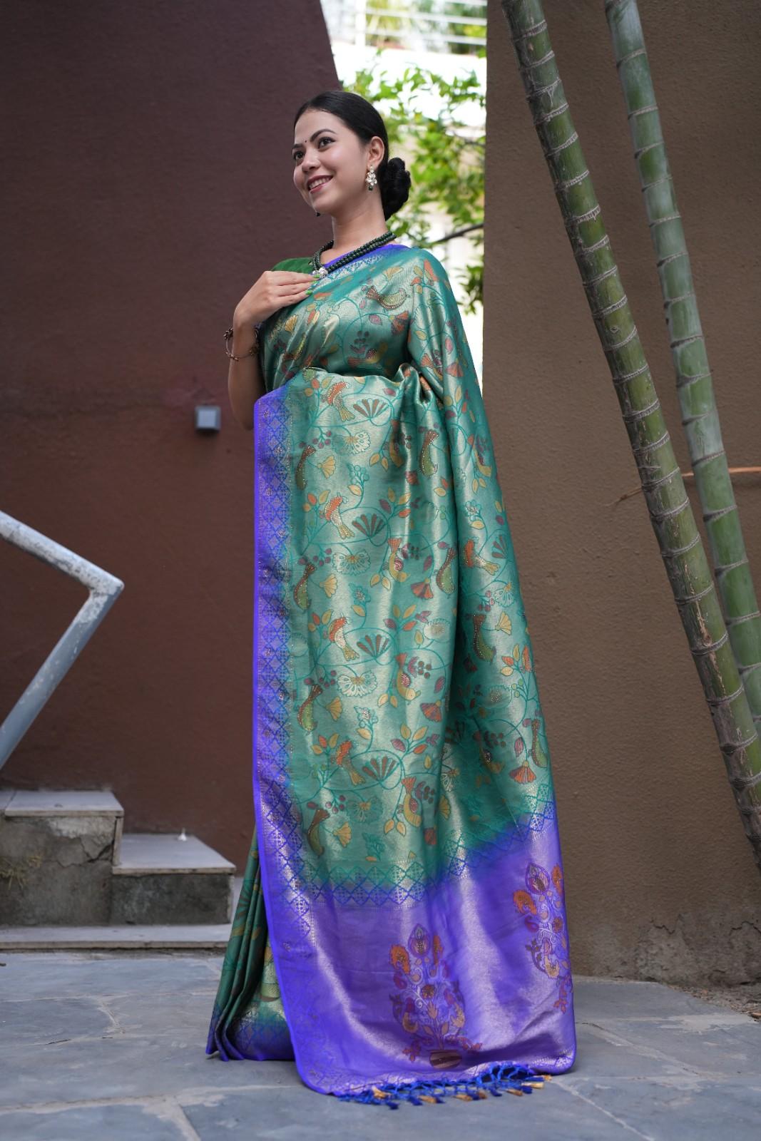 Dhoop Chaav Kanjivaram With Contrast Zari Border & Overall  Kalamkari Art weave Wrap in 1 minute saree