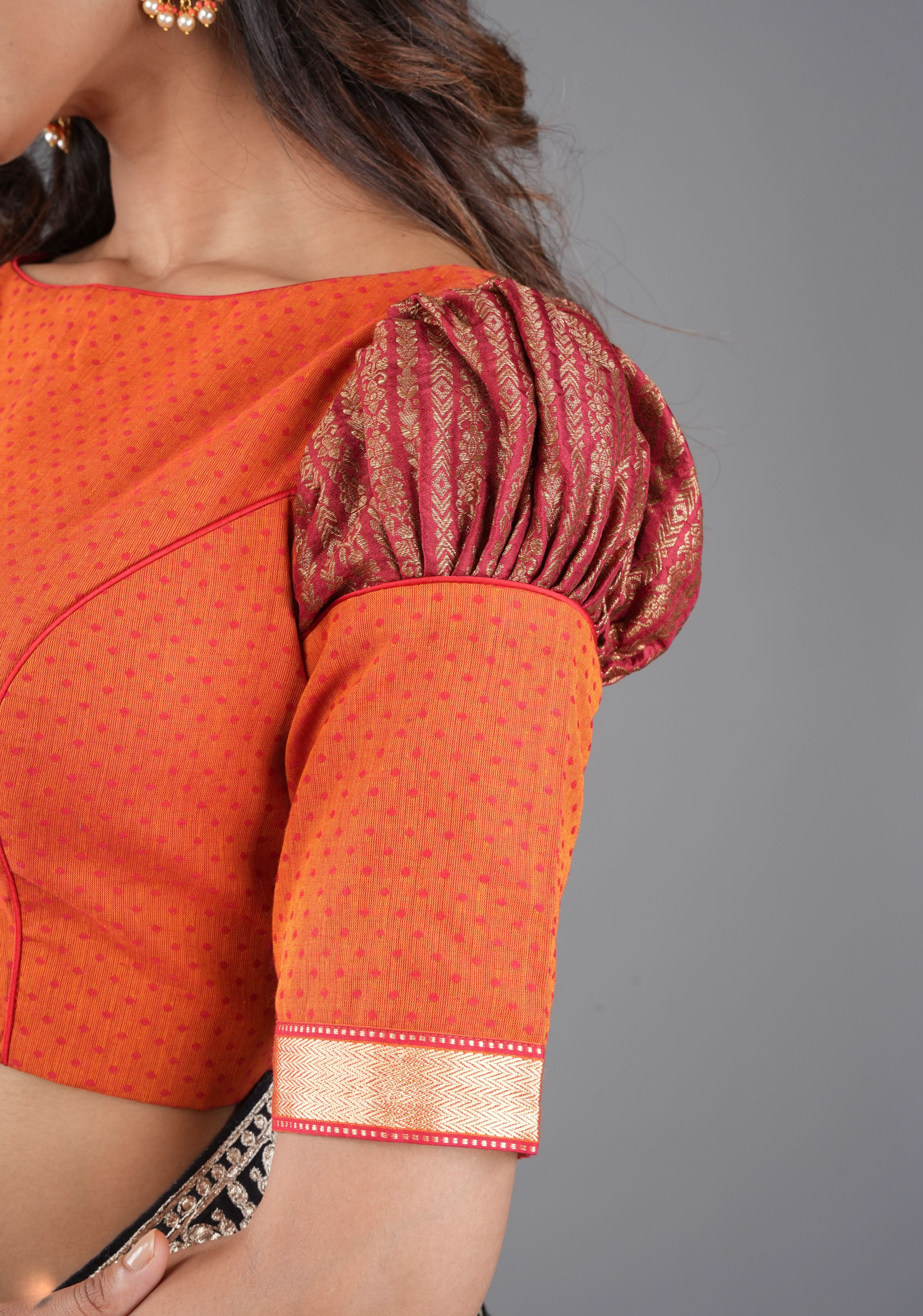 Orange Mangalagiri cotton with Maroon brocade puff sleeve detailing, Customizable, Made to order | Shobitam
