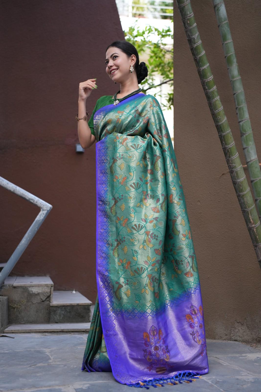 Dhoop Chaav Kanjivaram With Contrast Zari Border & Overall  Kalamkari Art weave Wrap in 1 minute saree