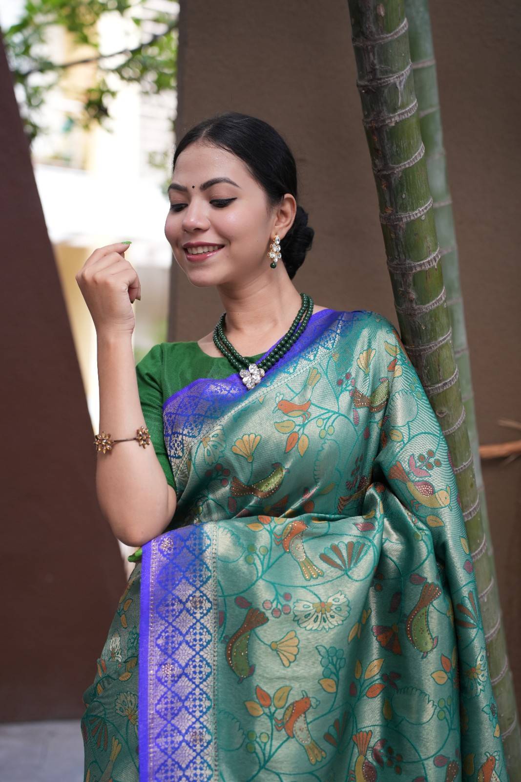 Dhoop Chaav Kanjivaram With Contrast Zari Border & Overall  Kalamkari Art weave Wrap in 1 minute saree