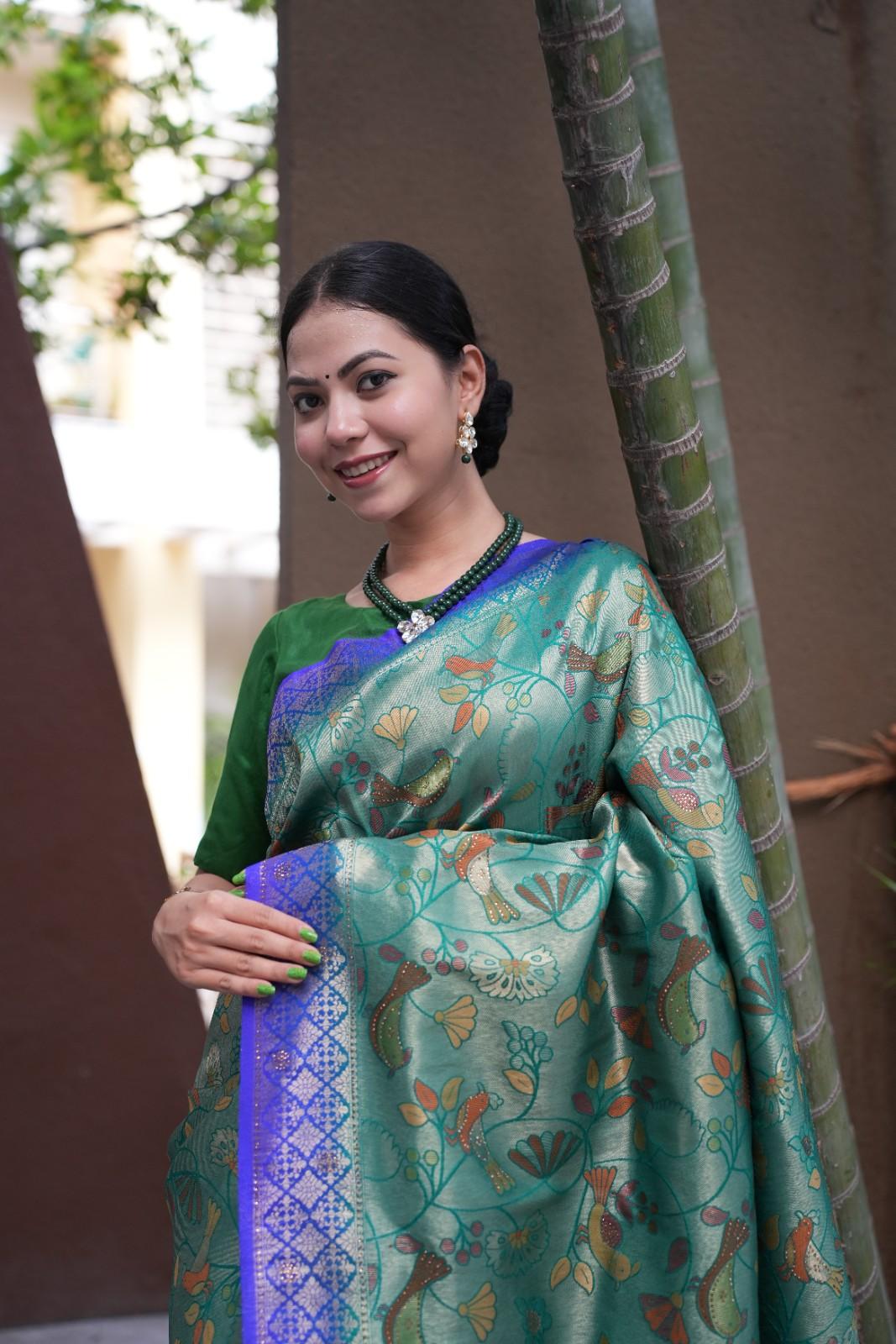 Dhoop Chaav Kanjivaram With Contrast Zari Border & Overall  Kalamkari Art weave Wrap in 1 minute saree