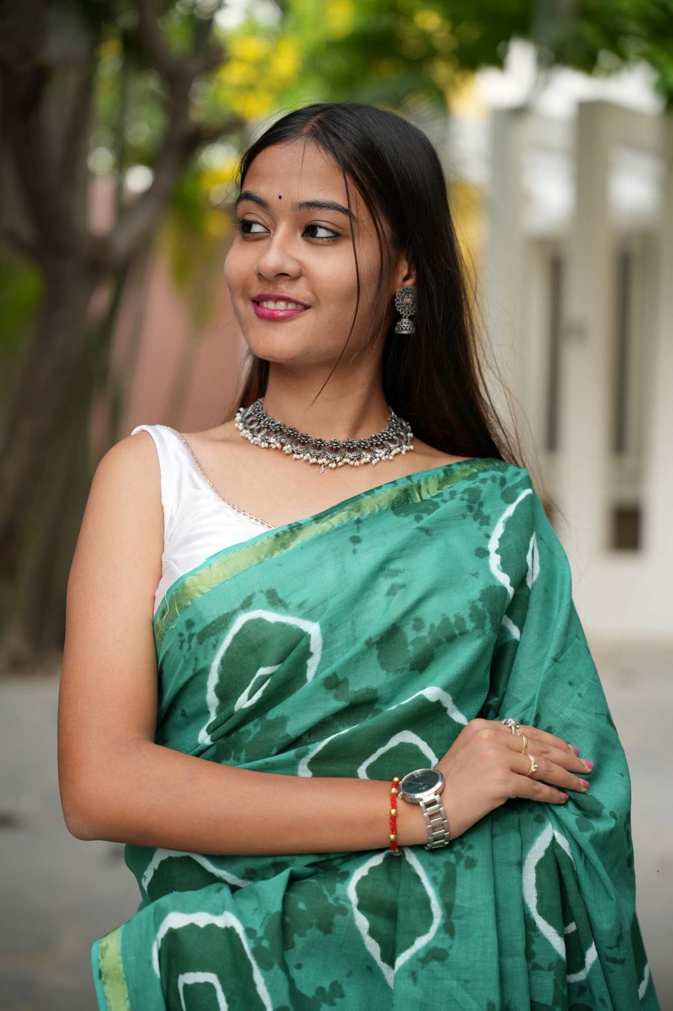 Cotton Teal Tie-Dye with White Circular Motifs and Subtle Zari Border Ready To Wear Saree