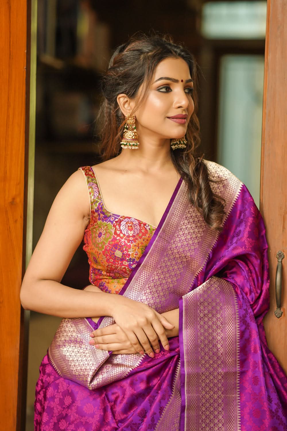 Made To Order: Banarasi Multicolor Brocade blouse with Cutdana Straps | Shobitam