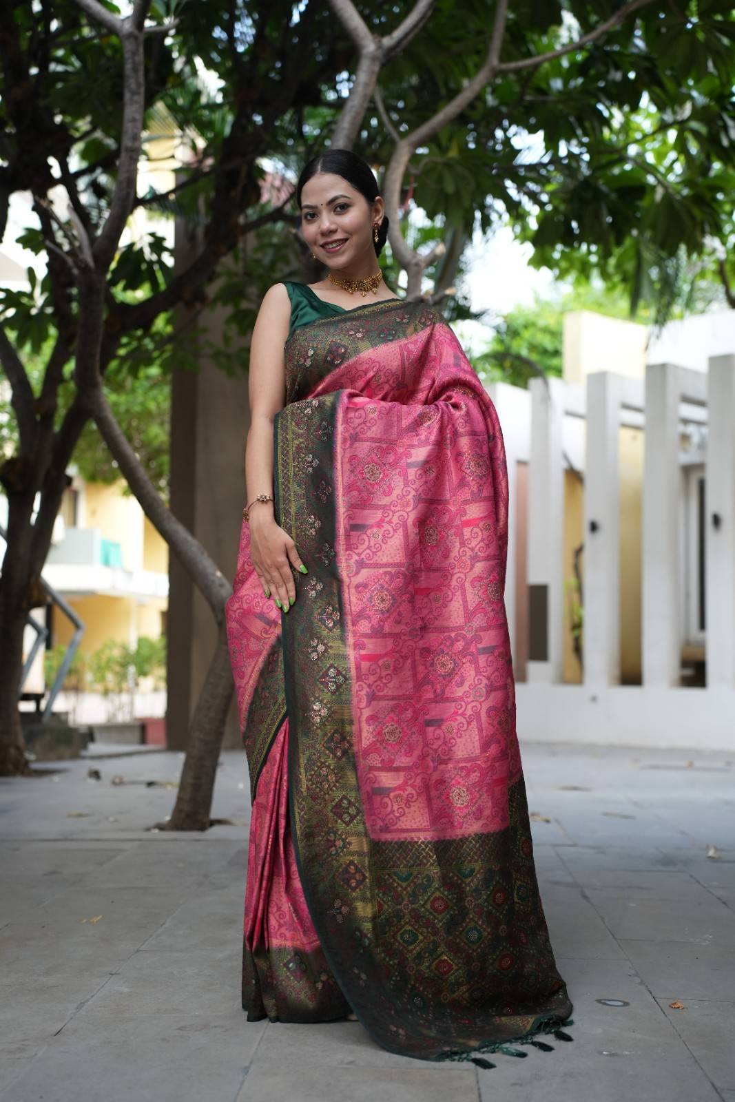 Banarasi Jaal With Traditional weave  & Contrast Bordered Overall Stone Embellished Wrap in 1 minute saree