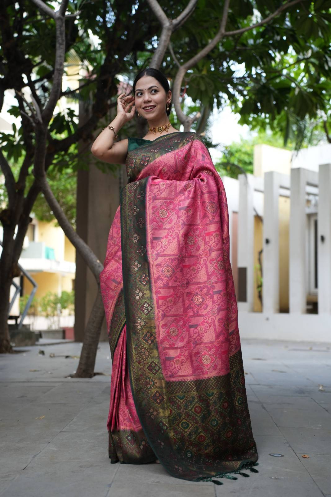 Banarasi Jaal With Traditional weave  & Contrast Bordered Overall Stone Embellished Wrap in 1 minute saree