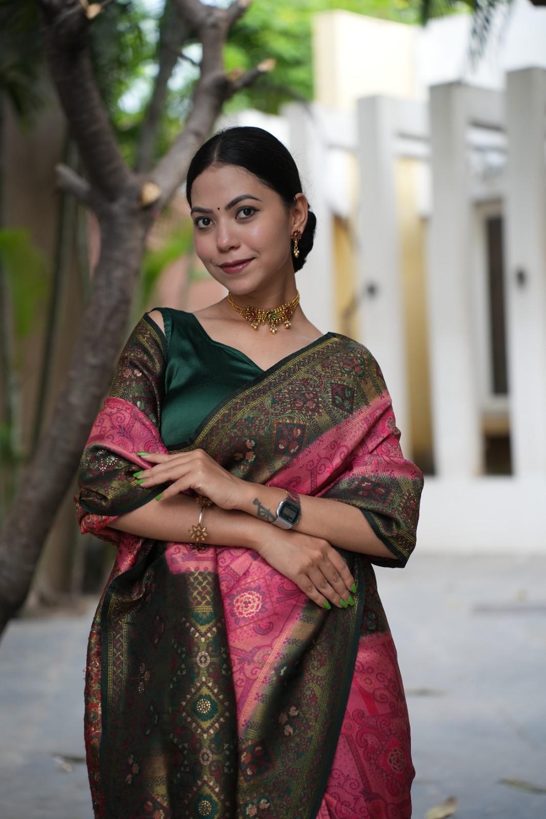 Banarasi Jaal With Traditional weave  & Contrast Bordered Overall Stone Embellished Wrap in 1 minute saree