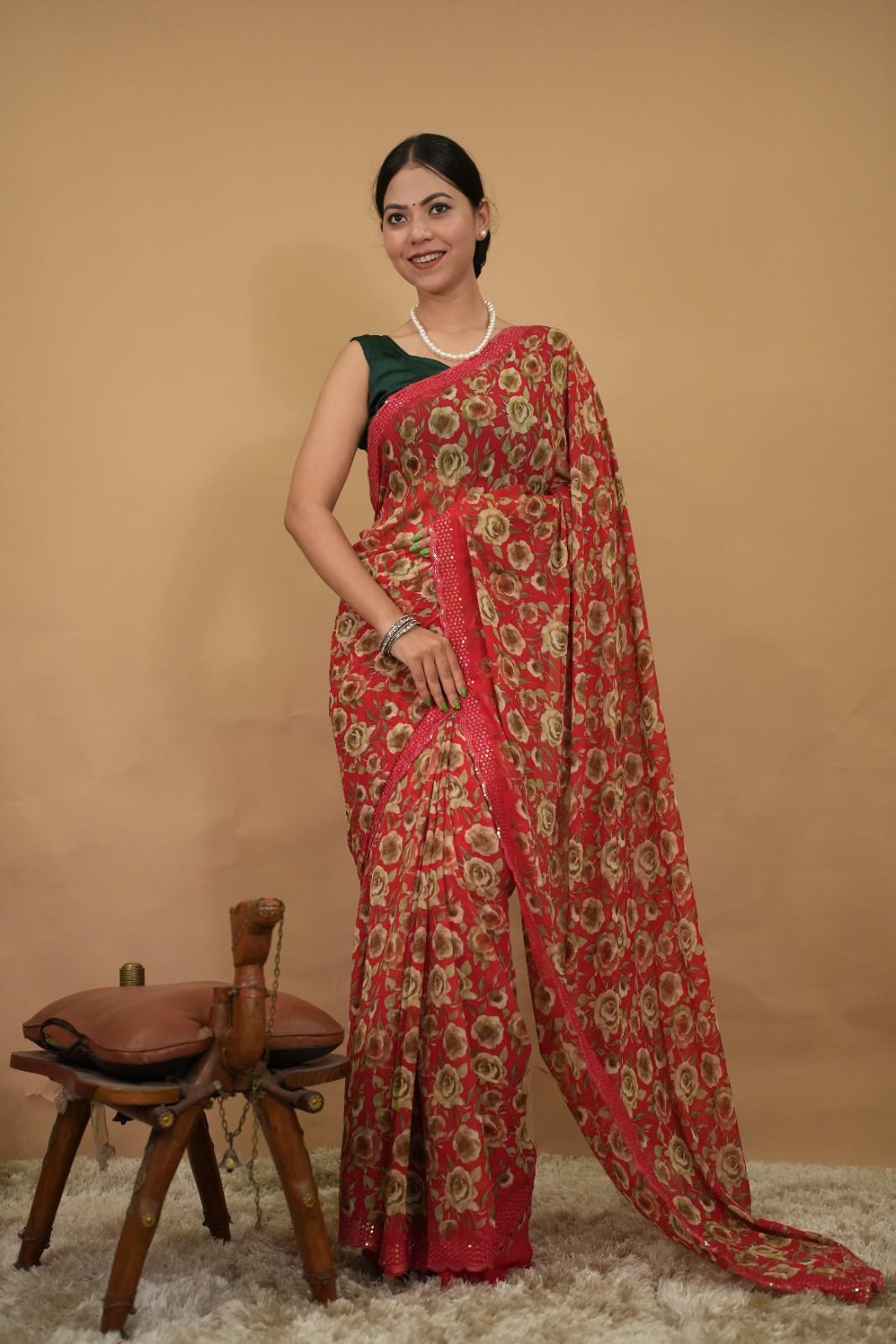 Beautiful Soft Chiffon Overall Floral Printed & Scalloped  Border with Stone Embellished Wrap in 1 minute saree