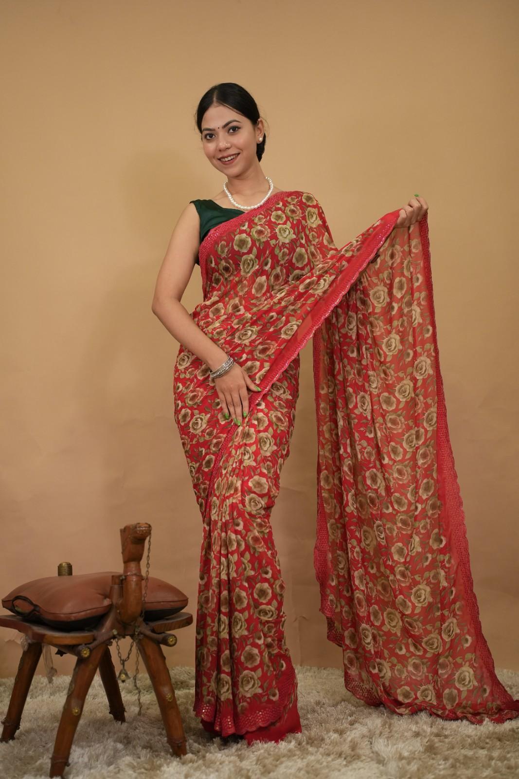 Beautiful Soft Chiffon Overall Floral Printed & Scalloped  Border with Stone Embellished Wrap in 1 minute saree