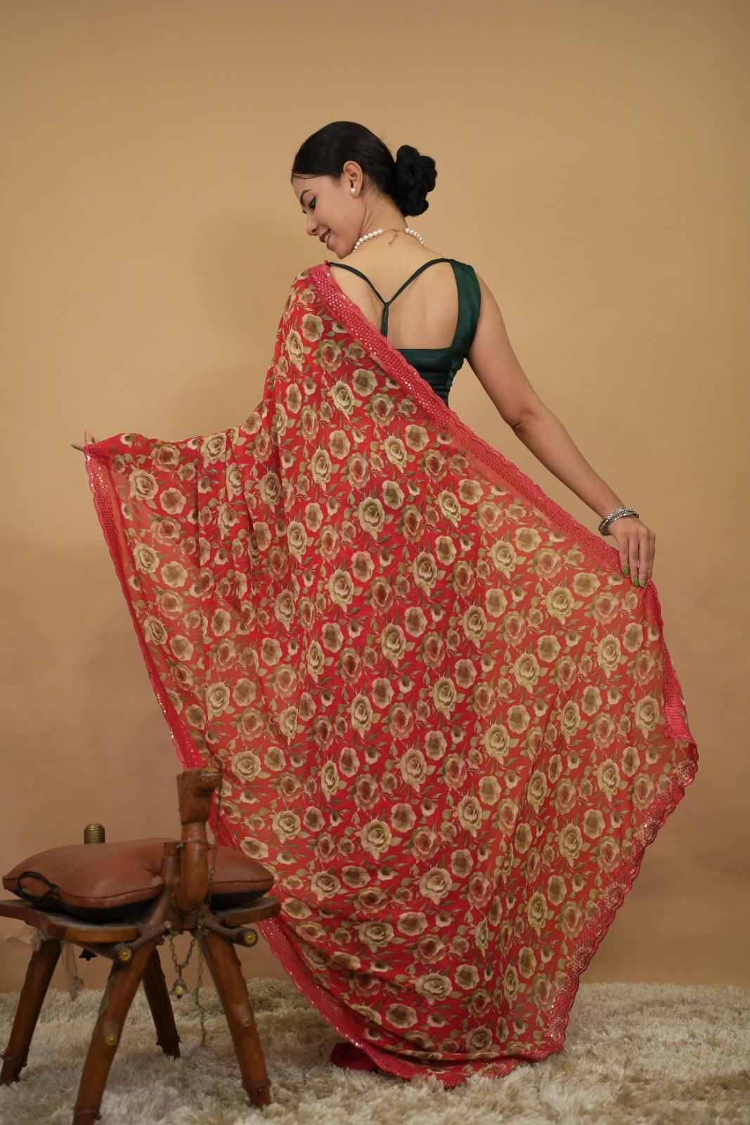 Beautiful Soft Chiffon Overall Floral Printed & Scalloped  Border with Stone Embellished Wrap in 1 minute saree