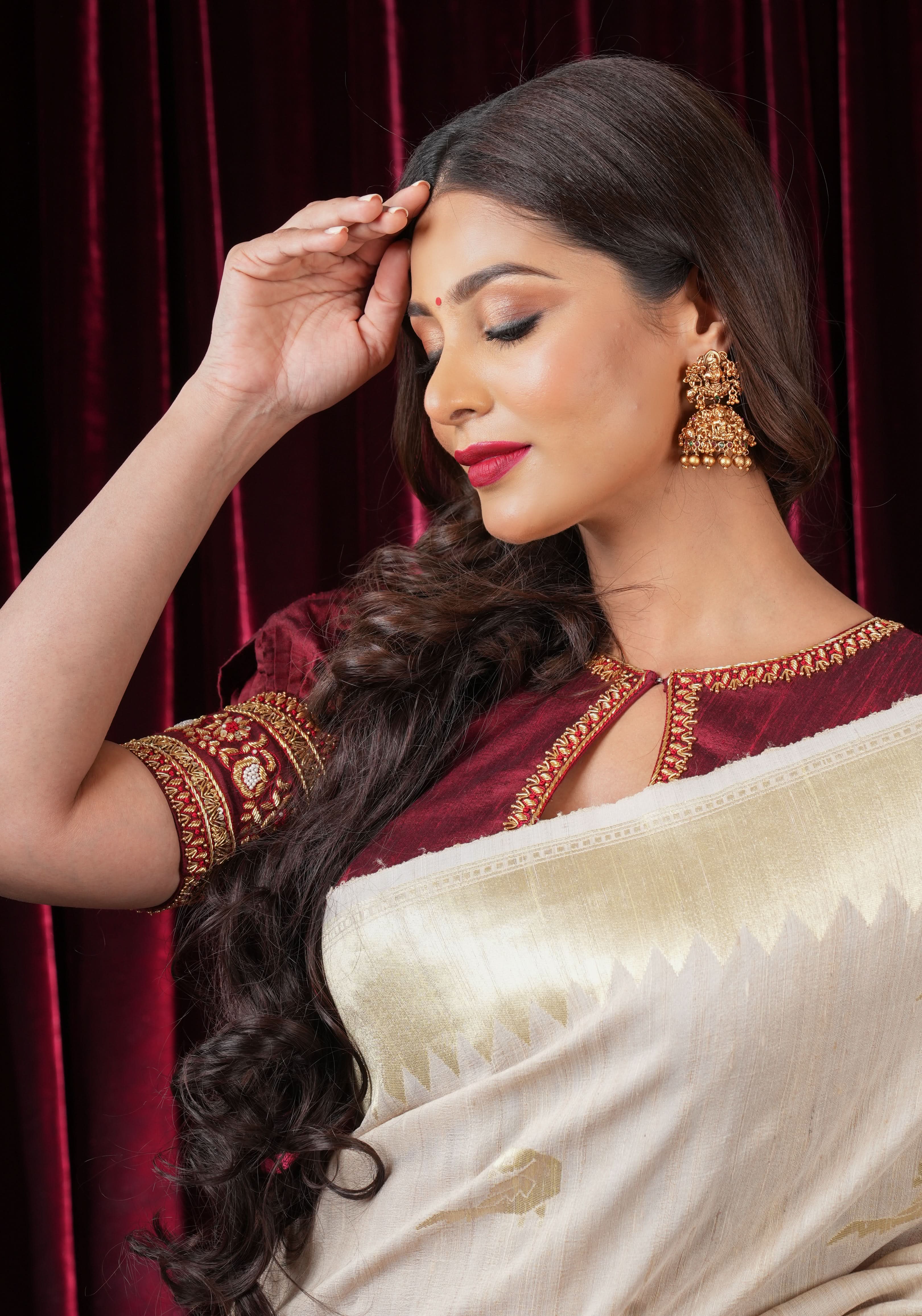Maroon Pure Raw Silk Blouse with Hand Zardosi detailing and Puff Sleeves, Made to Order | Shobitam