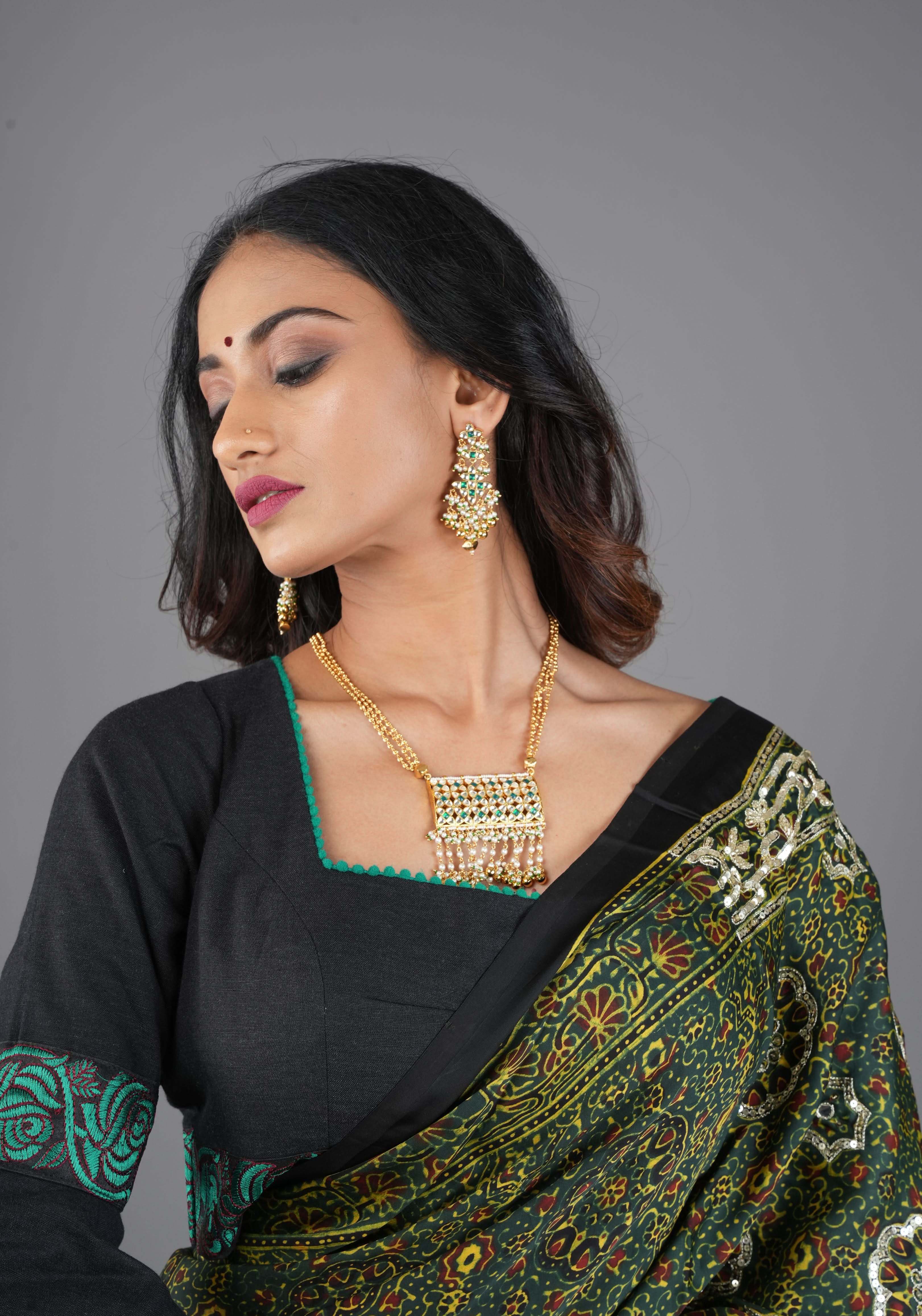 Rajwadi Rectangular Jadau Pendant with 3 strand necklace and dangling earrings, Microplated | SHOBITAM