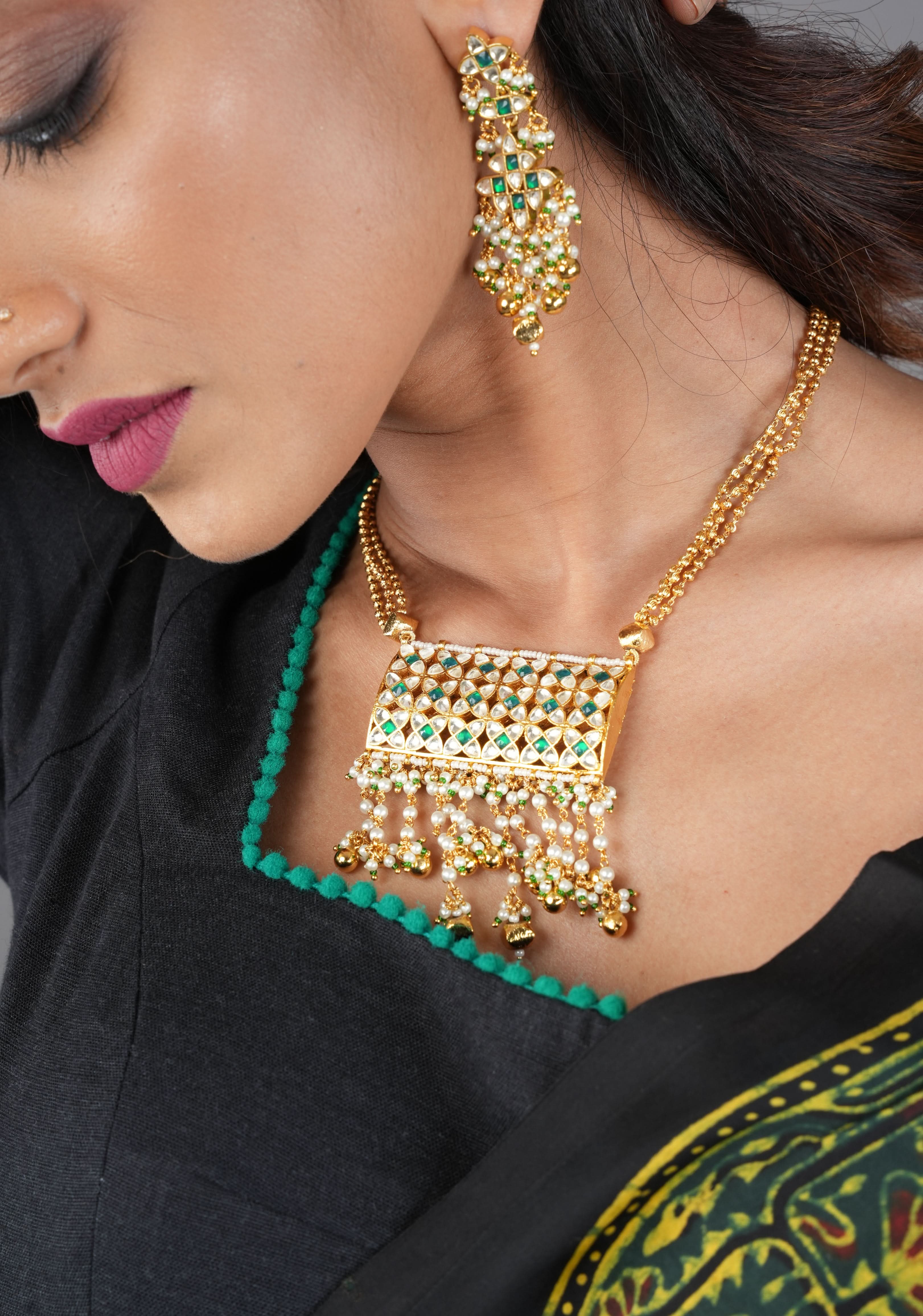 Rajwadi Rectangular Jadau Pendant with 3 strand necklace and dangling earrings, Microplated | SHOBITAM