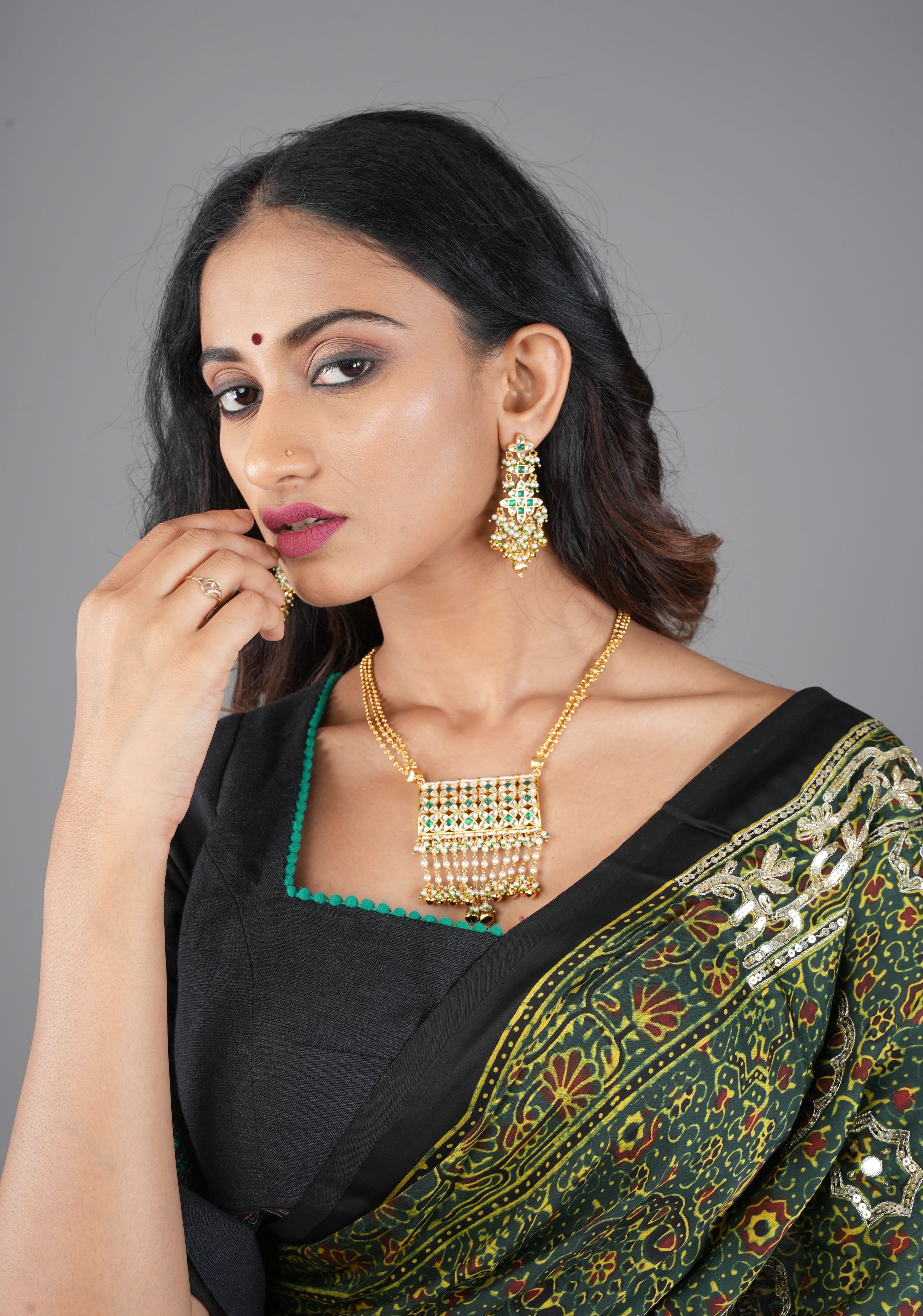 Rajwadi Rectangular Jadau Pendant with 3 strand necklace and dangling earrings, Microplated | SHOBITAM