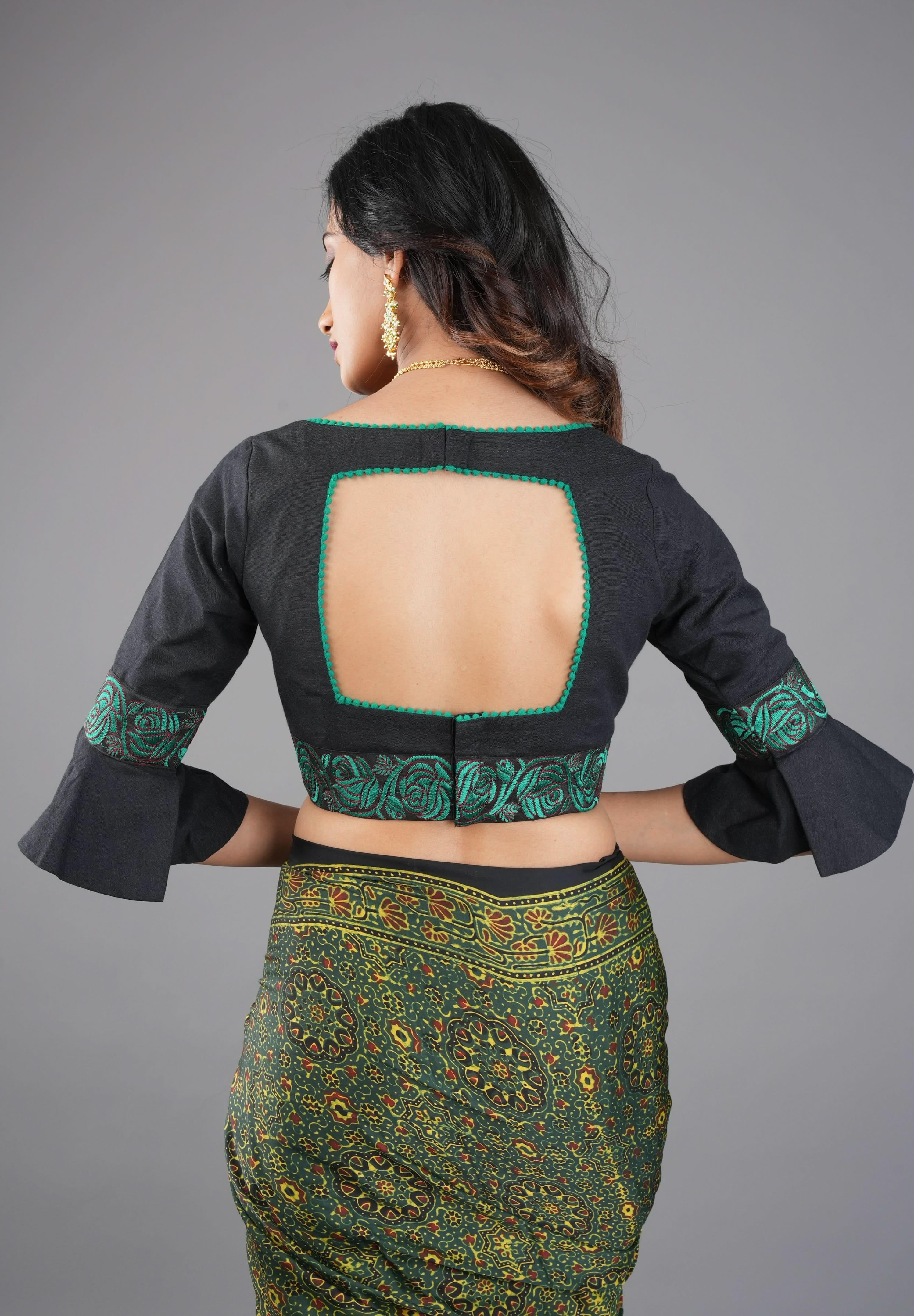 Black and Teal Cotton Blouse with flared Sleeves and Square neck, Customizable, Made To Order | Shobitam