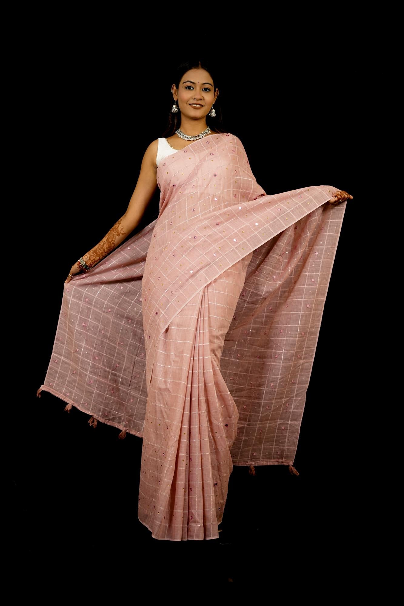 Linen with Velvet Chex and Mirror Embellishments Ready To Wear Saree