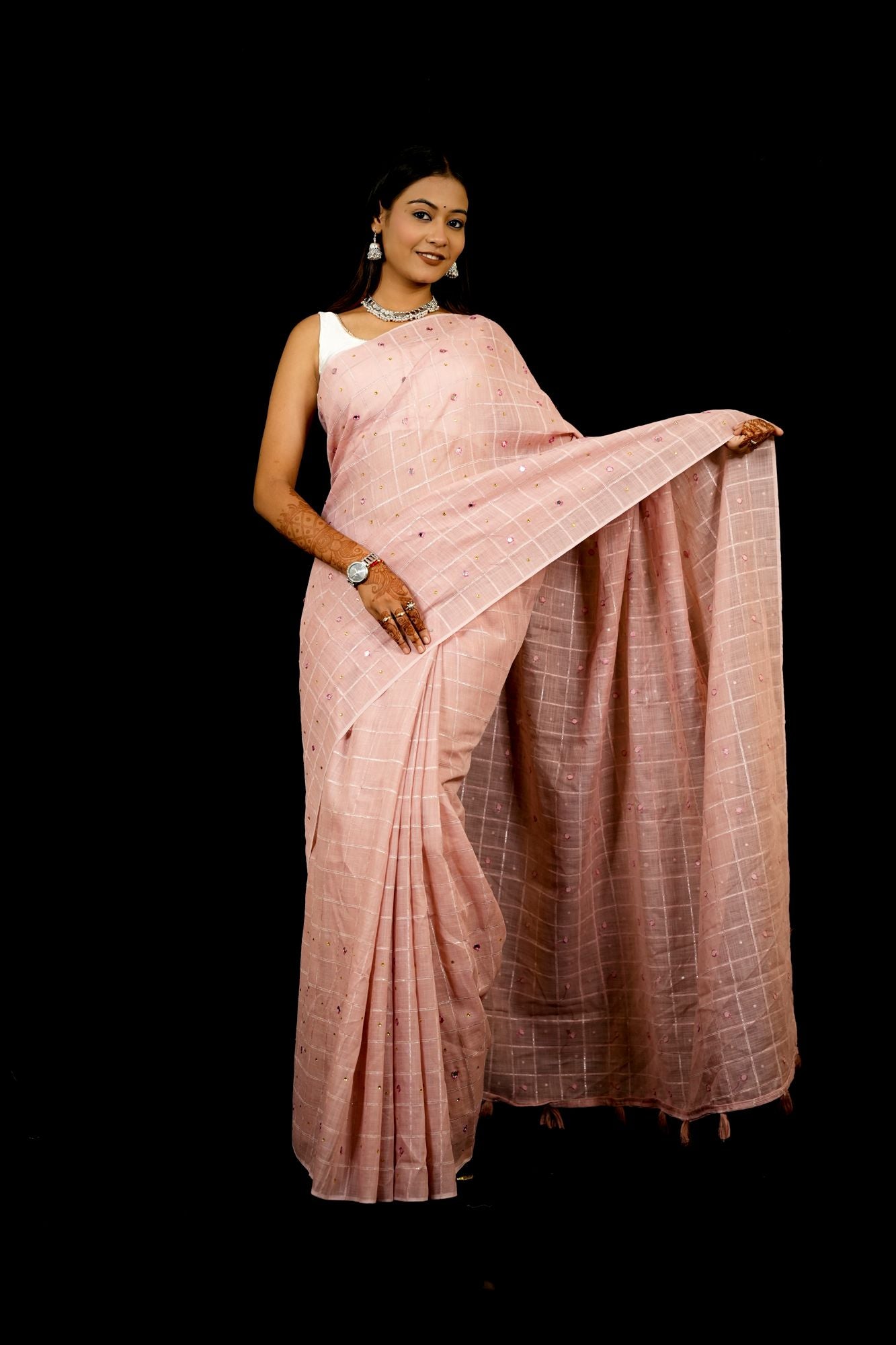 Linen with Velvet Chex and Mirror Embellishments Ready To Wear Saree