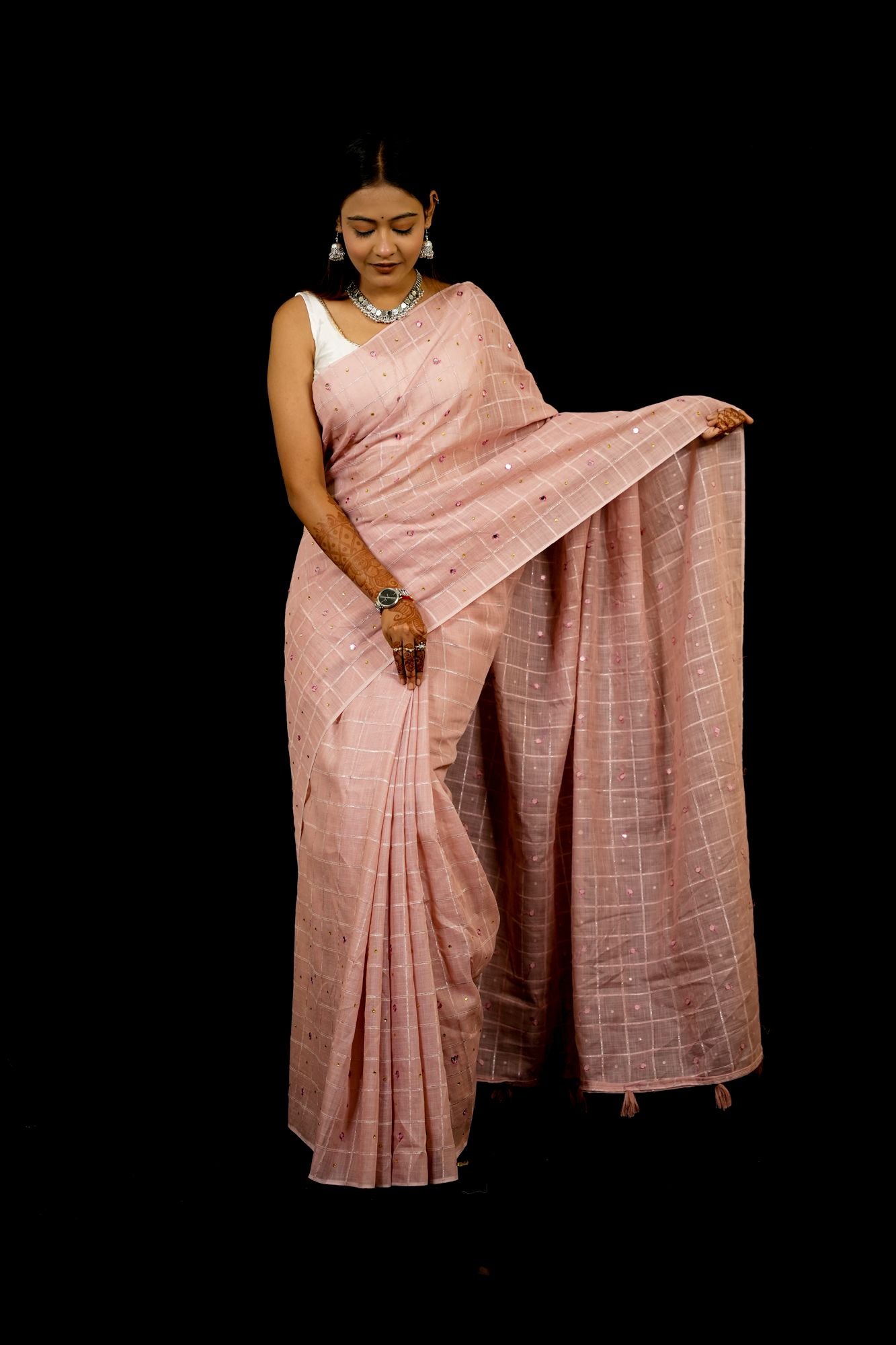 Linen with Velvet Chex and Mirror Embellishments Ready To Wear Saree