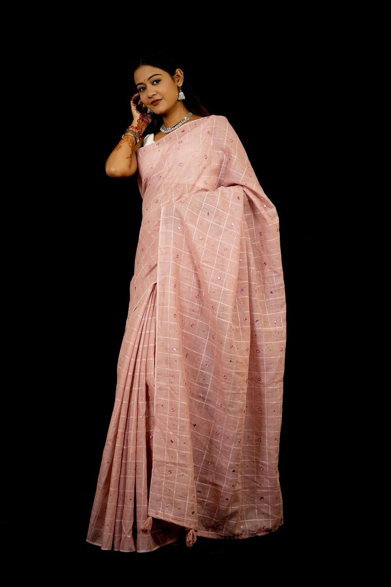 Linen with Velvet Chex and Mirror Embellishments Ready To Wear Saree