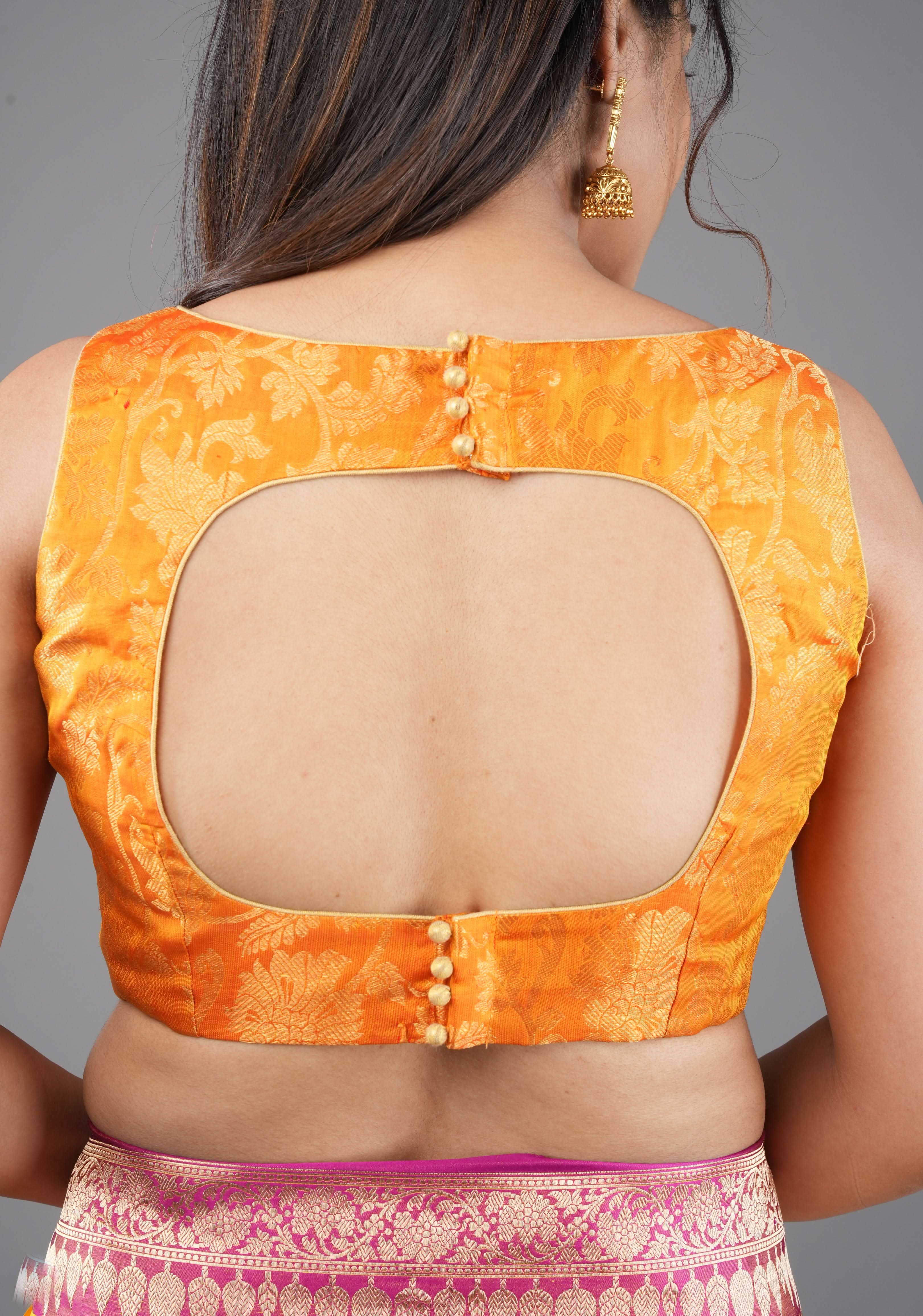 Orange Kanjivaram floral brocade sleeveless blouse, Customizable, Made to order | Shobitam
