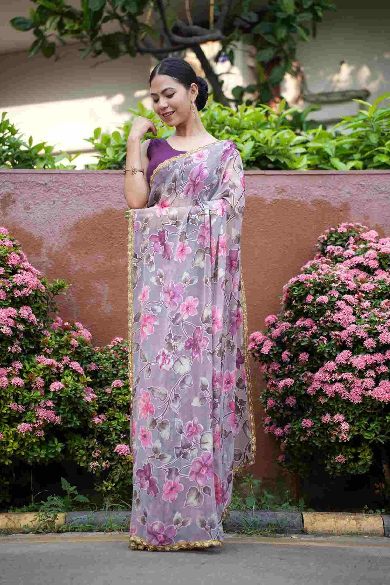 Soft Georgette Grey and Pink Digital Floral Print With Golden Lace Ready To Wear Saree