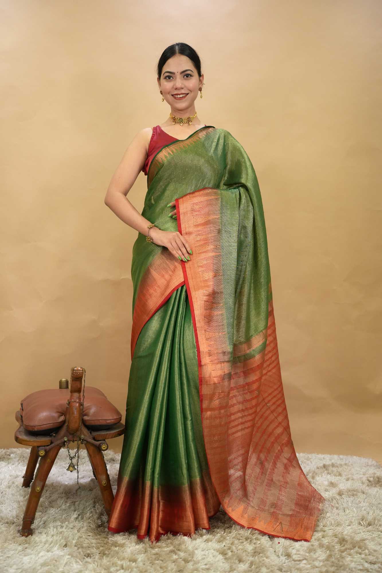 Olive Green With Red Contrast Temple Bordered Stone embellished Ready To Wear saree